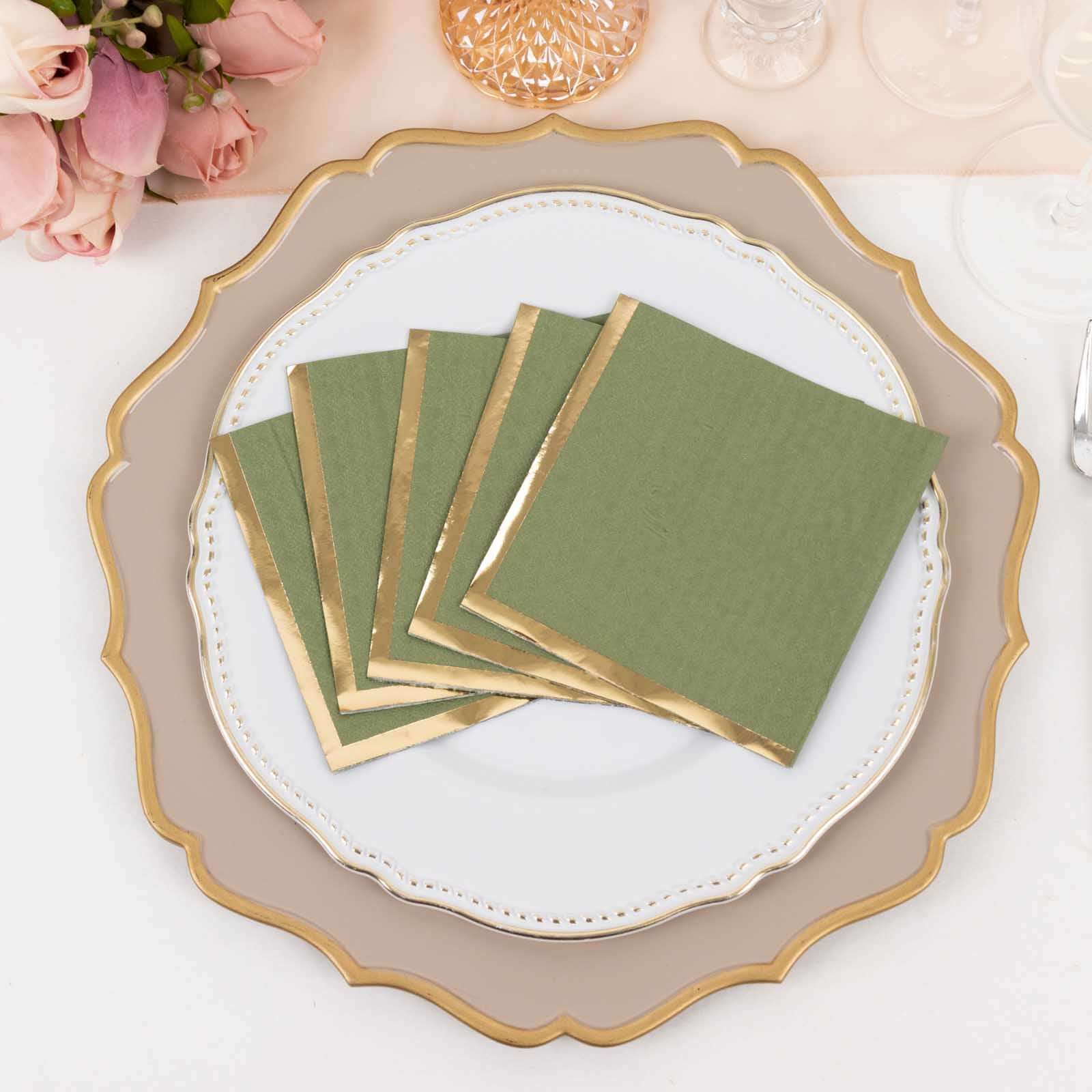 50-Pack Paper Beverage Napkins Olive Green with Gold Foil Edge - 2 Ply Disposable Soft 18GSM Cocktail Napkins 5"x5"