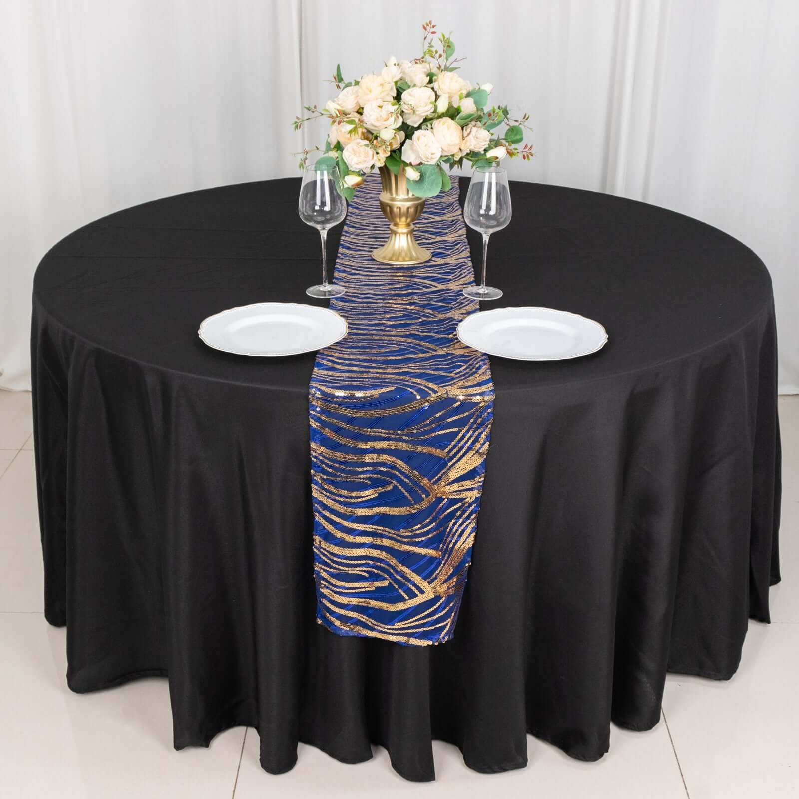 Sequin Mesh 12"x108" Table Runner Royal Blue Stylish Wave Embroidery