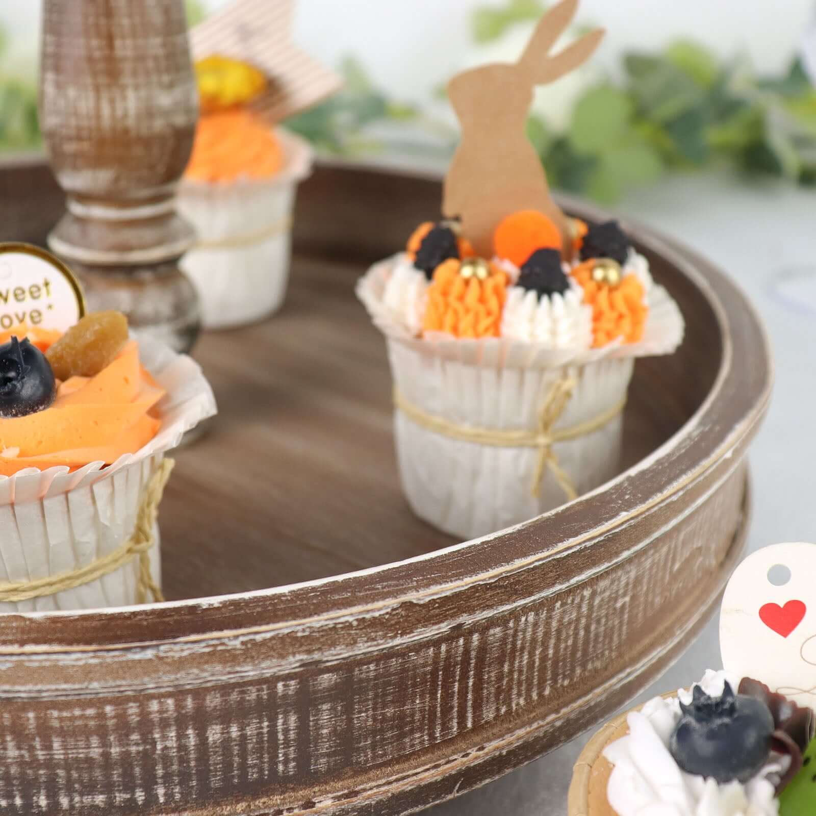 2-Tier Wooden Serving Tray Stand Rustic Brown Design - Farmhouse Style Cupcake Display 20"
