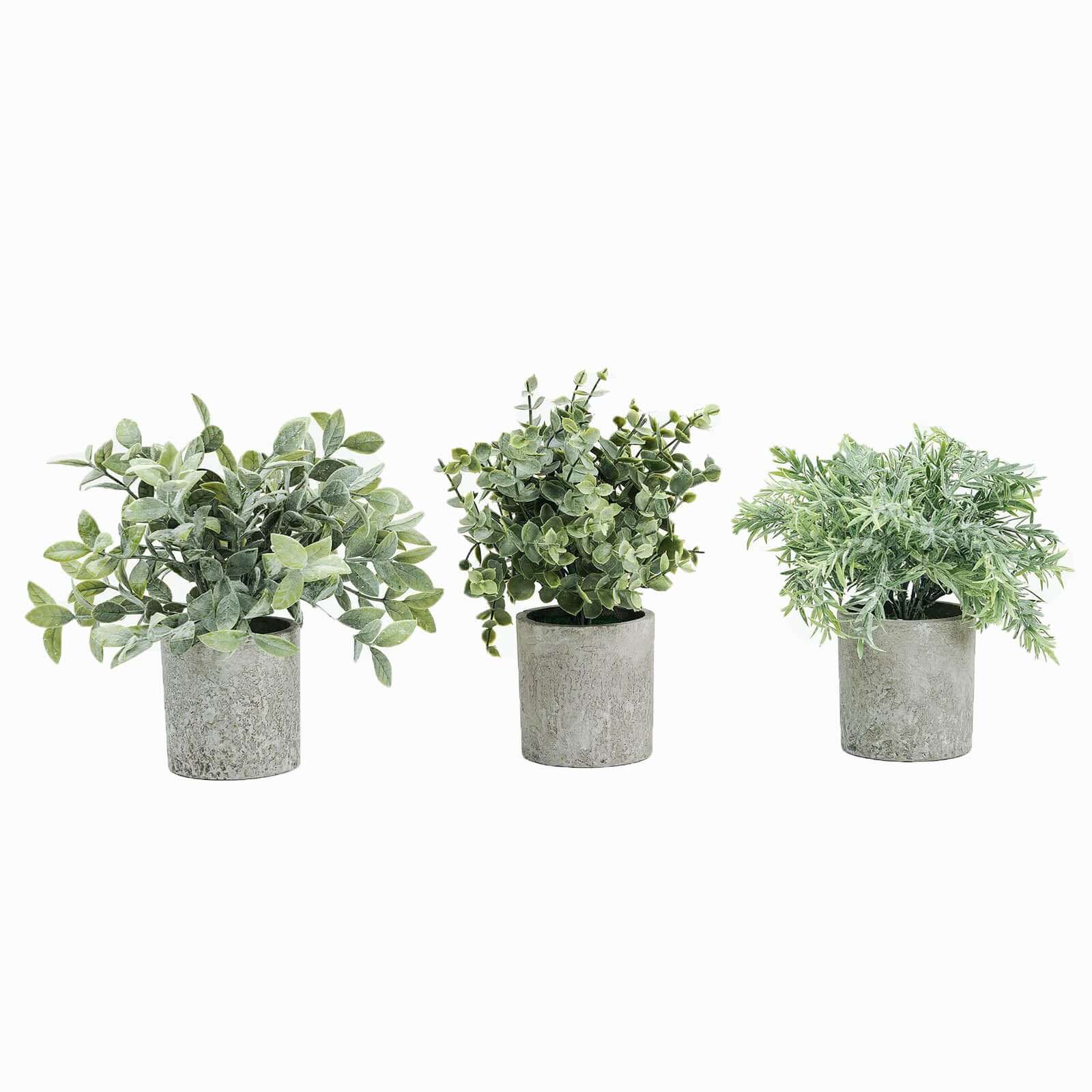 3 Plant Set Mini Potted Artificial Eucalyptus, Rosemary and Boxwood Faux Planter Collection - Small Decorative Faux Herb Garden for Desk Countertops Table Shelf Display 9"