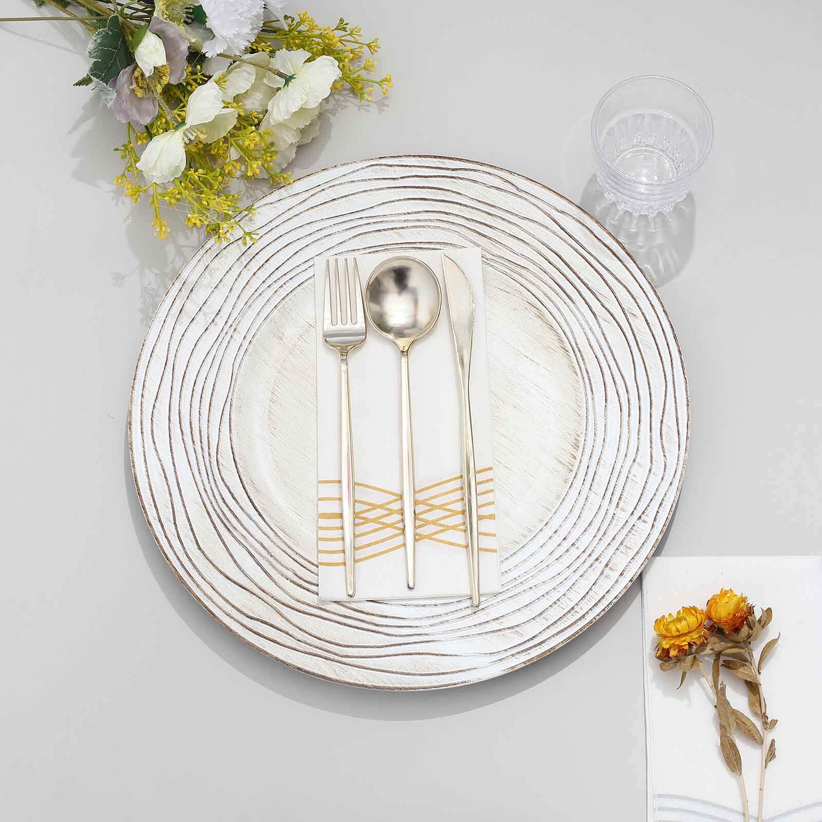 6-Pack Faux Wood Round Charger Plates 13" White Washed with Rose Embossed Rim, Disposable Plastic Charger Tableware