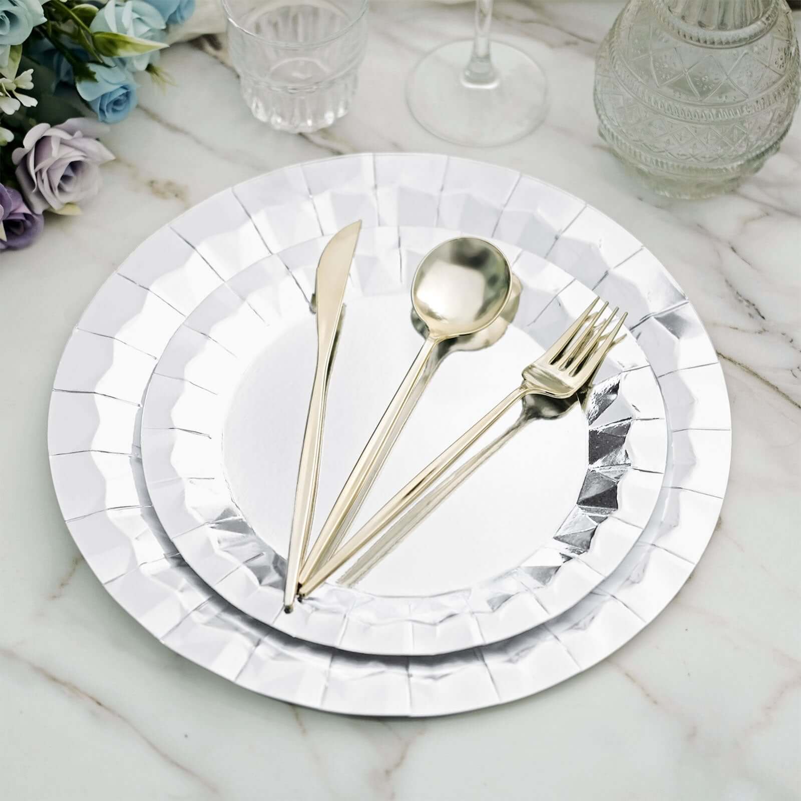 25-Pack Paper 12" Round Charger Plates in Metallic Silver with Geometric Prism Design - Disposable 400GSM Serving Trays