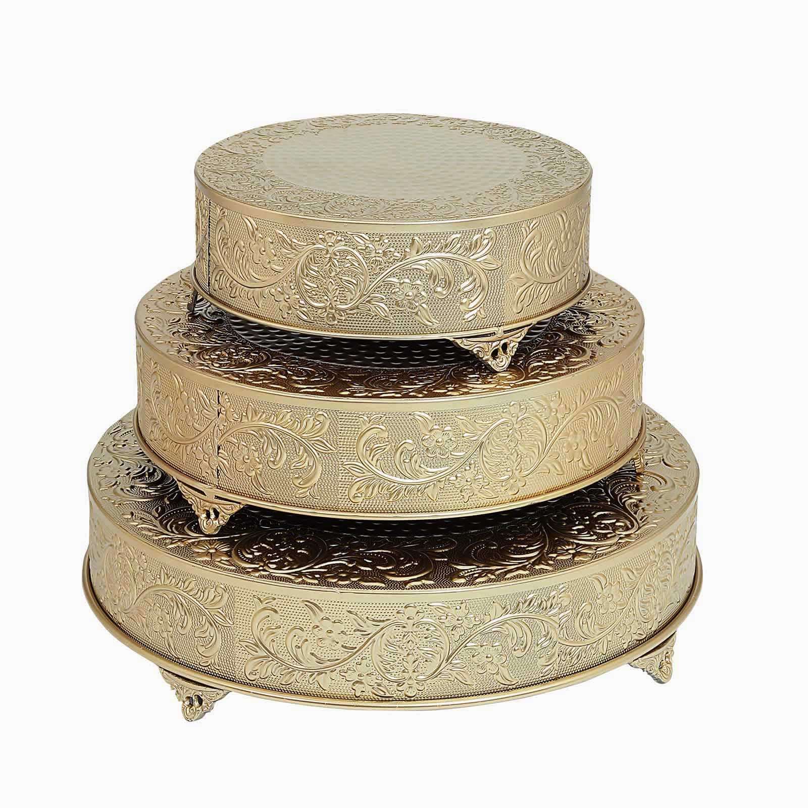 Metal 22" Round Cake Pedestal Stand Matte Gold - Cupcake Dessert Display Riser with Intricate Embossed Design for Upscale Events & Gatherings