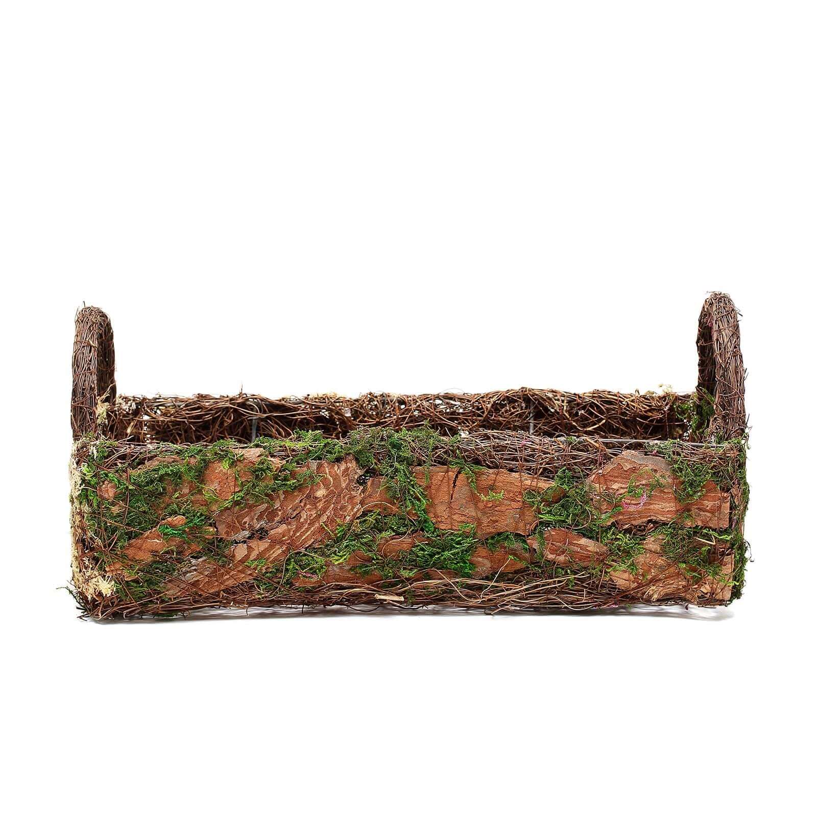 Set of 2 Rustic Planter Boxes Preserved Moss Log Shaped with Handle - Flower Basket Centerpieces 13", 15"