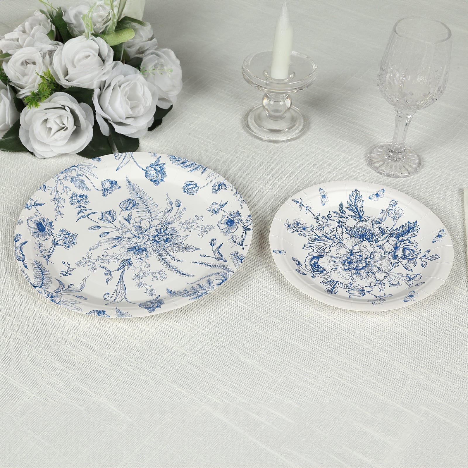 50-Pack Paper Round Dessert and Dinner Plates in White with Blue French Toile Pattern - Vintage Style Disposable Party Plates Set for High Tea Events & Classy Occasions 7", 9"