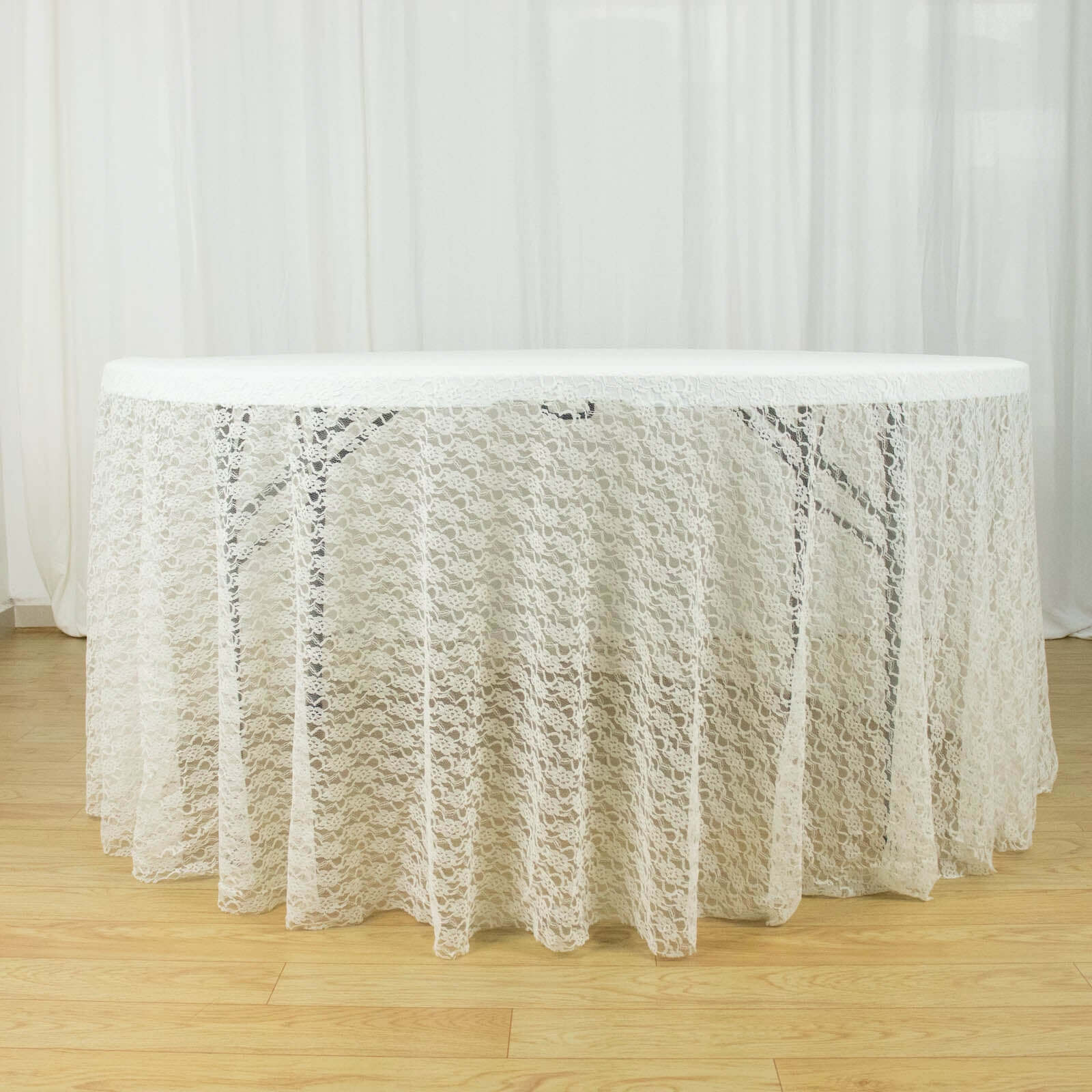 120" Ivory Round Seamless Polyester Floral Lace Tablecloth for 5 Foot Table With Floor-Length Drop