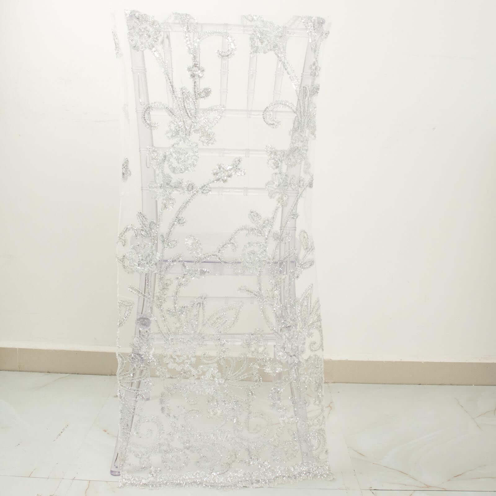 Organza Chiavari Chair Slipcover with Floral Sequin Embroidery White - Stylish Lace Chair Back Cover for Weddings