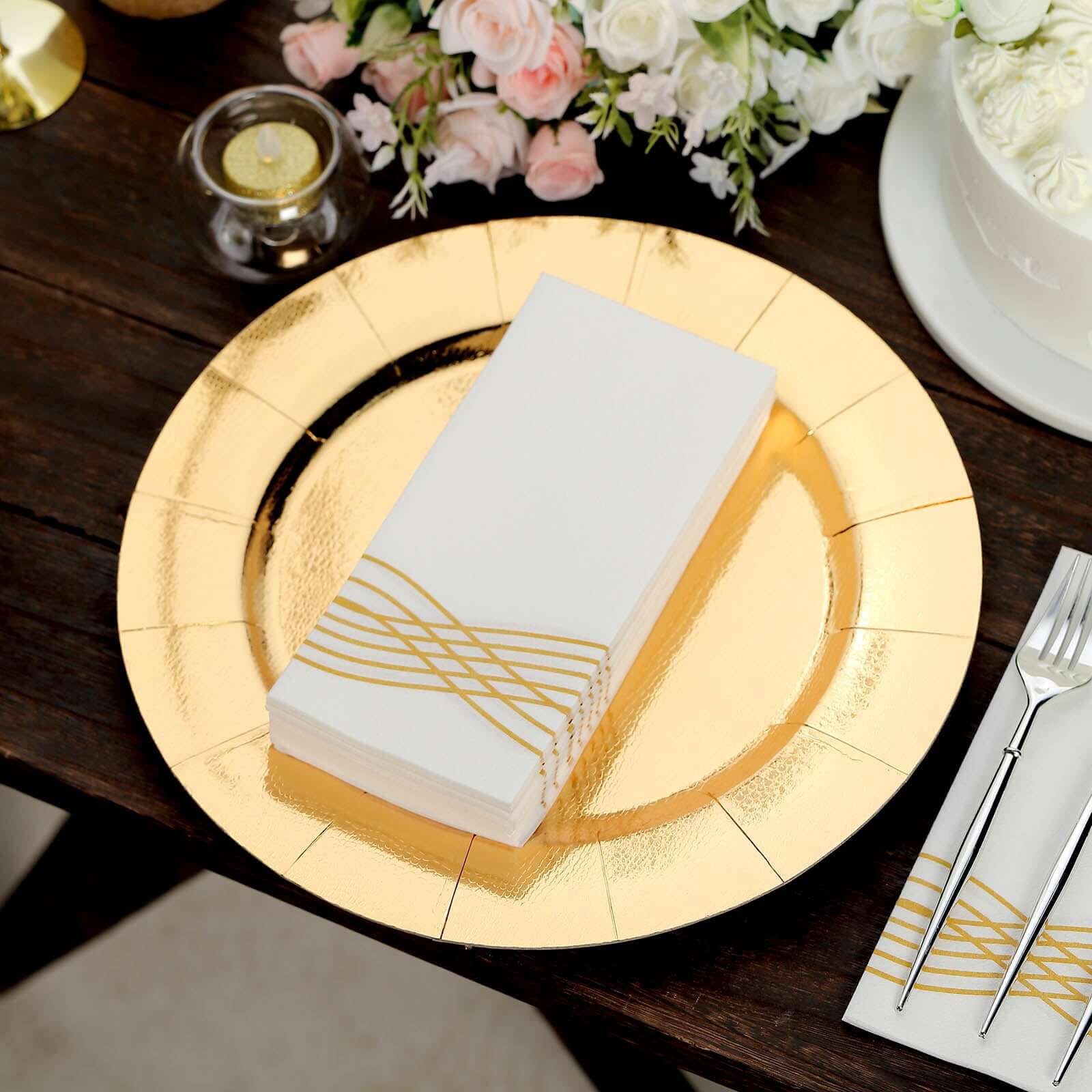 25 Pack Linen-Like Paper 8"x4" Napkins White with Metallic Gold Foil Wave Design - Soft & Absotbent Airlaid Hand Towels for Exquisite Weddings & Events