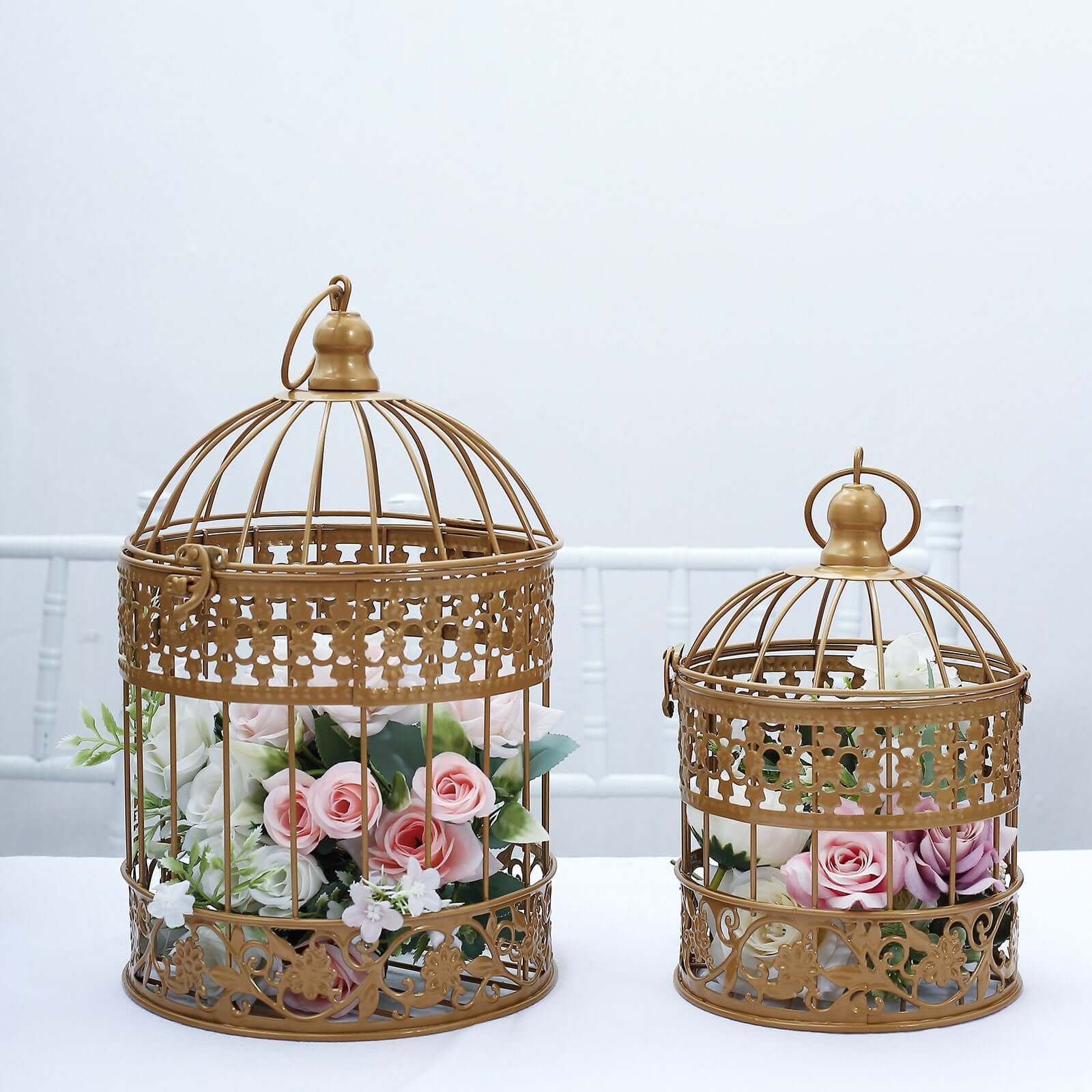 Set of 2 Card Holders Wrought Iron Bird Cage Design Metallic Gold - Decorative Display Stand 9"/13"