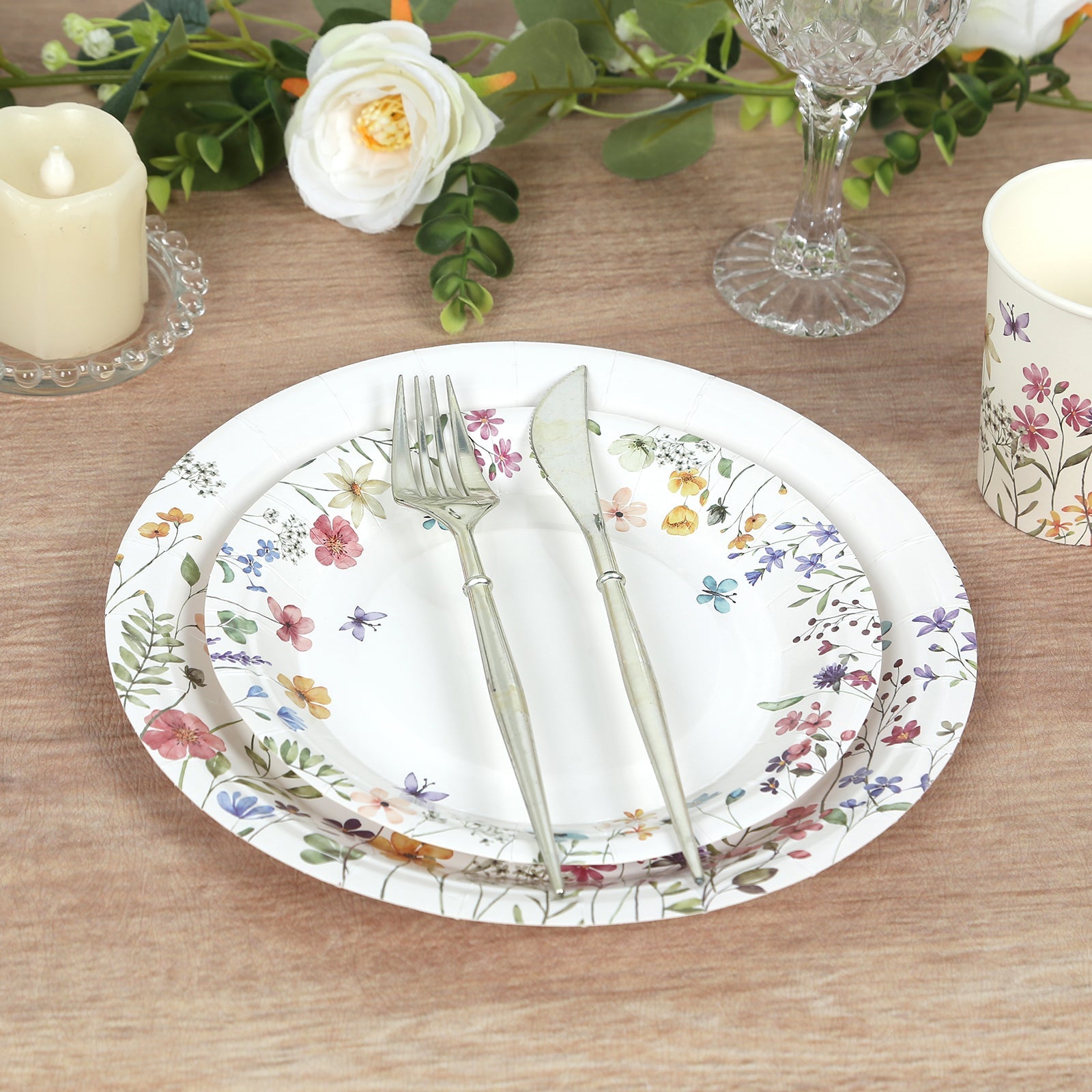 72 Pcs Paper Plates and Cups Set in White with Wildflower Butterfly Print - Disposable Party Supplies for Spring & Garden Themes