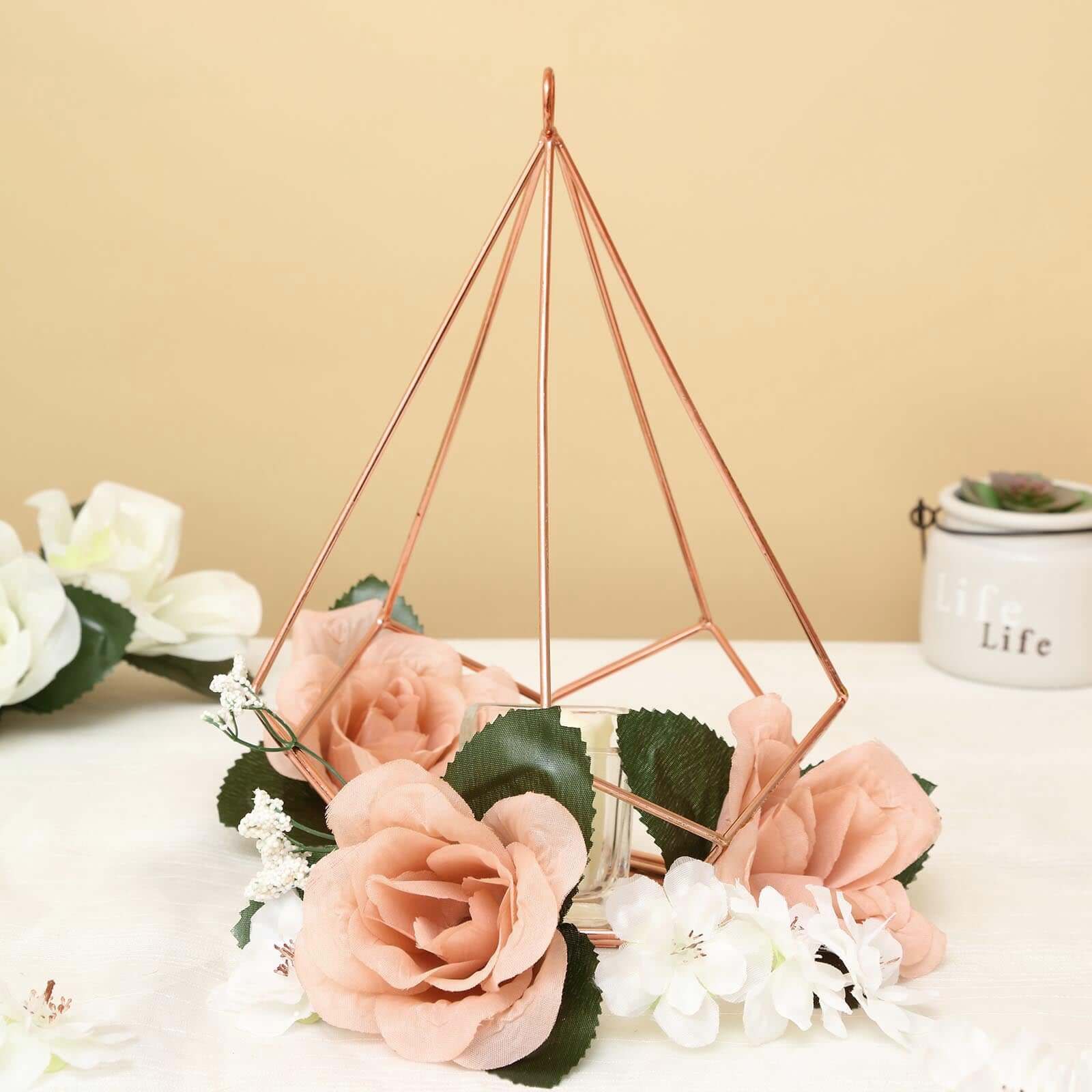 2-Pack Tealight Candle Holders Rose Gold Metal Pentagon Geometric Open Frame - Flower Stand 9"