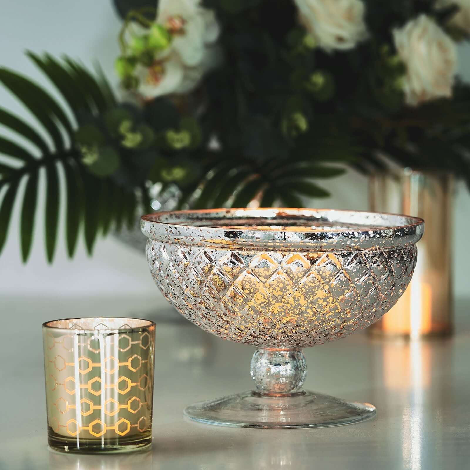 Mercury Glass Pedestal Bowl Vase Compote Style Silver - Sophisticated Floral Table Decor for Events 8"