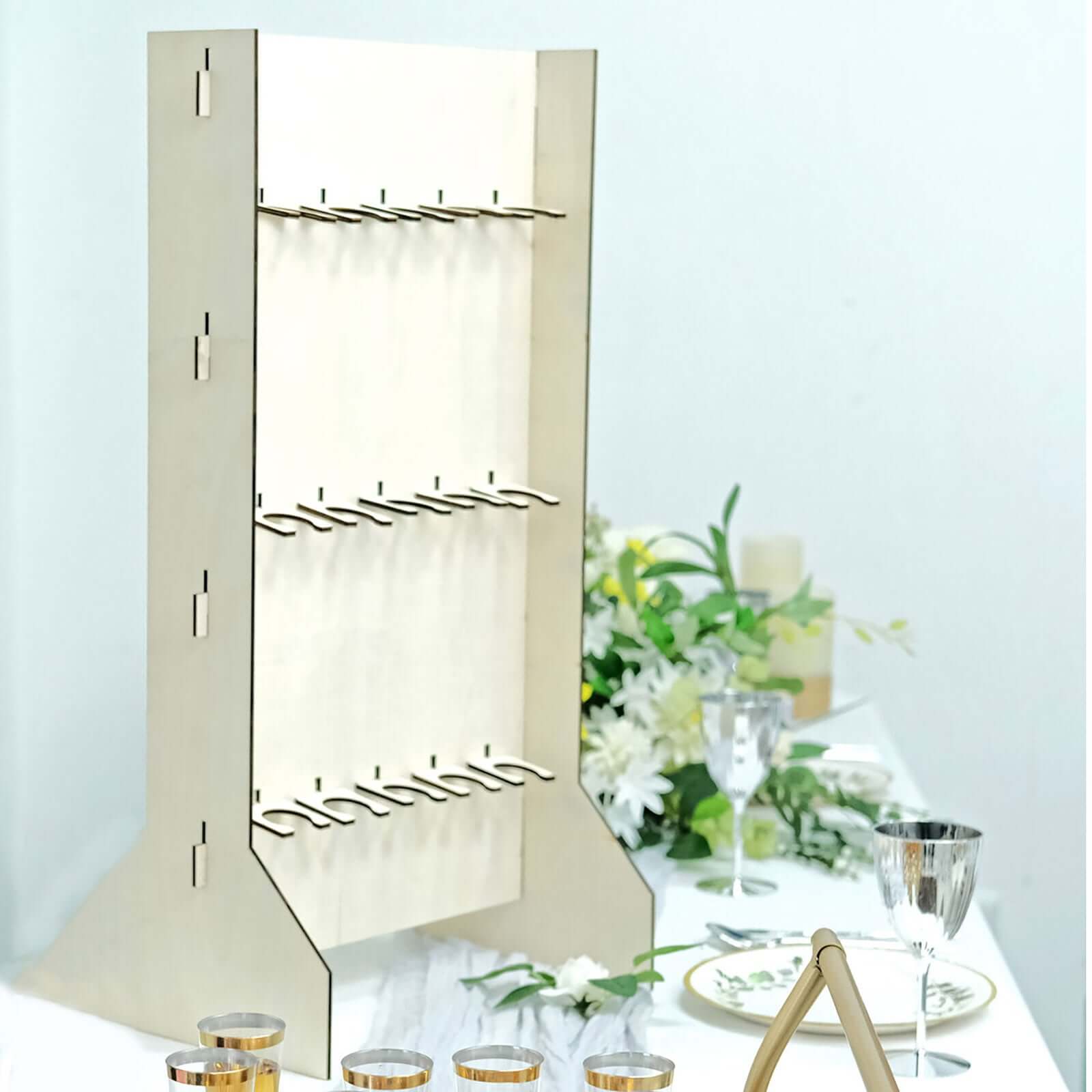 3-Tier Wooden Rectangle Champagne Wall Glass Holder in White - Floor Standing 15 Stemware Rack Cocktail Display Drink Organizer for Rustic Events & Banquets