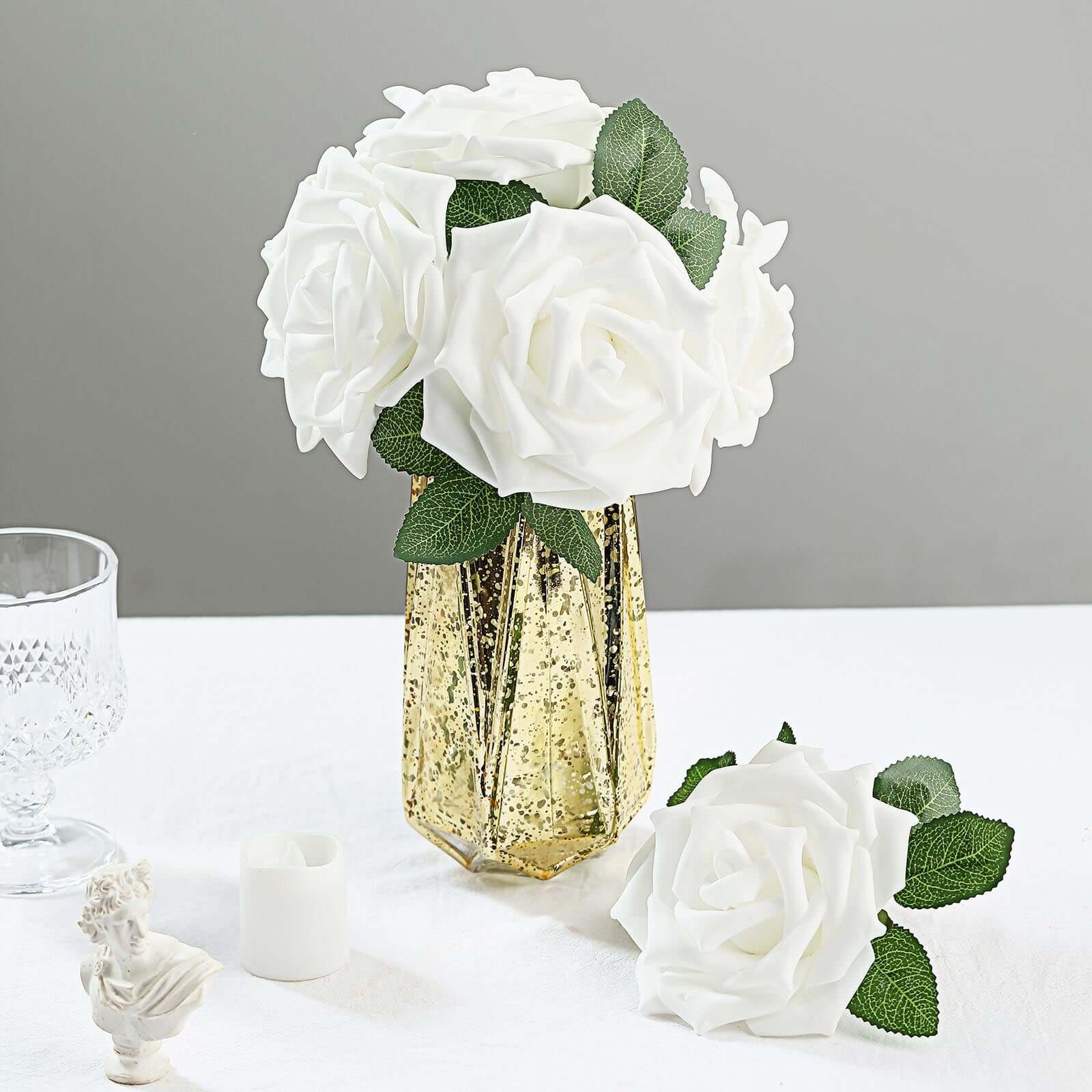 24 Roses 5" White Artificial Foam Flowers With Stem Wire and Leaves