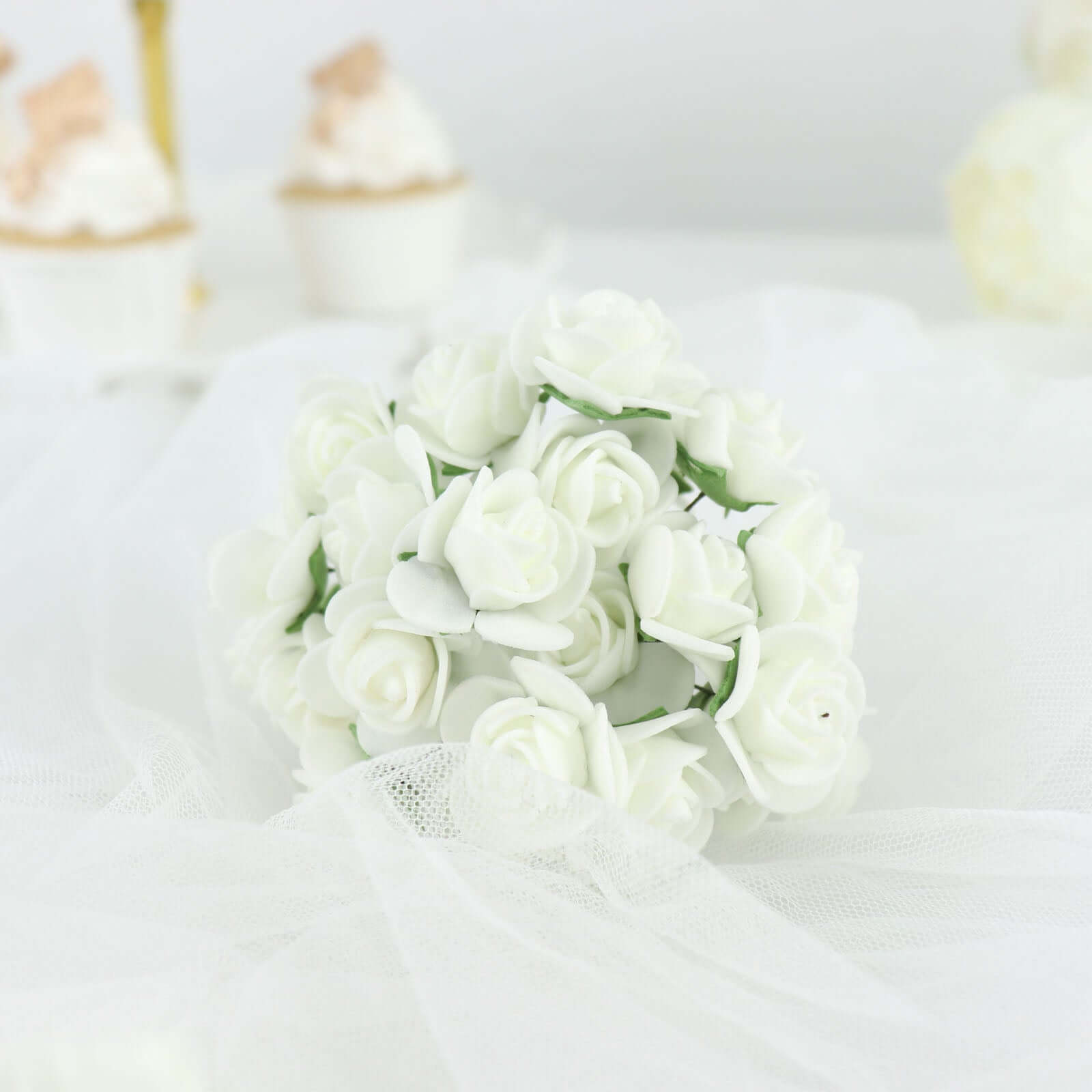 48 Roses 1" Ivory Real Touch Artificial DIY Foam Rose Flowers With Stem, Craft Rose Buds