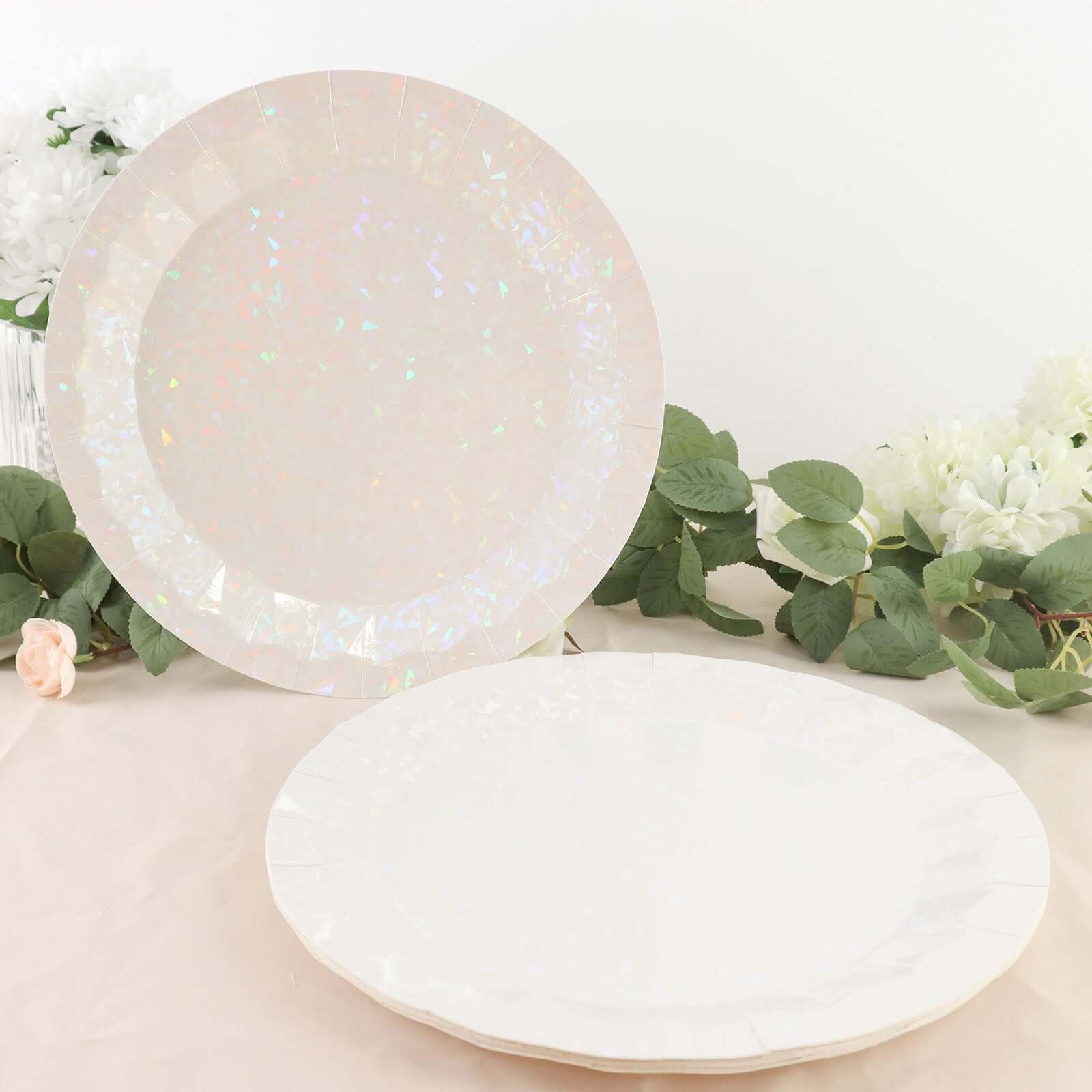 25-Pack Paper 12" Round Charger Plates in Iridescent with Geometric Prism Design - Disposable 400GSM Serving Trays