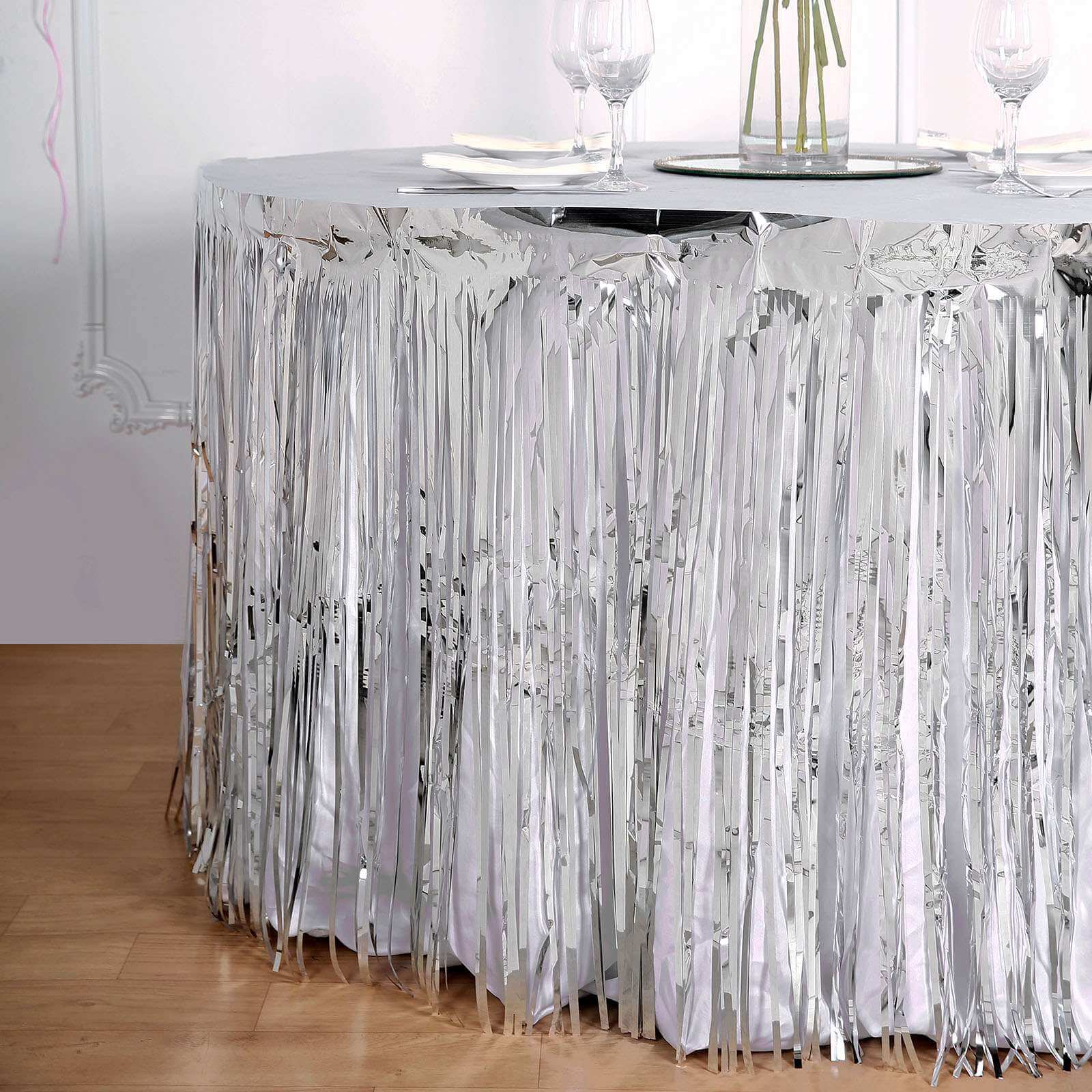 Metallic Foil Fringe Table Skirt Silver with Self Adhesive Backing - Durable Tinsel Skirt for Parties 30"x9ft