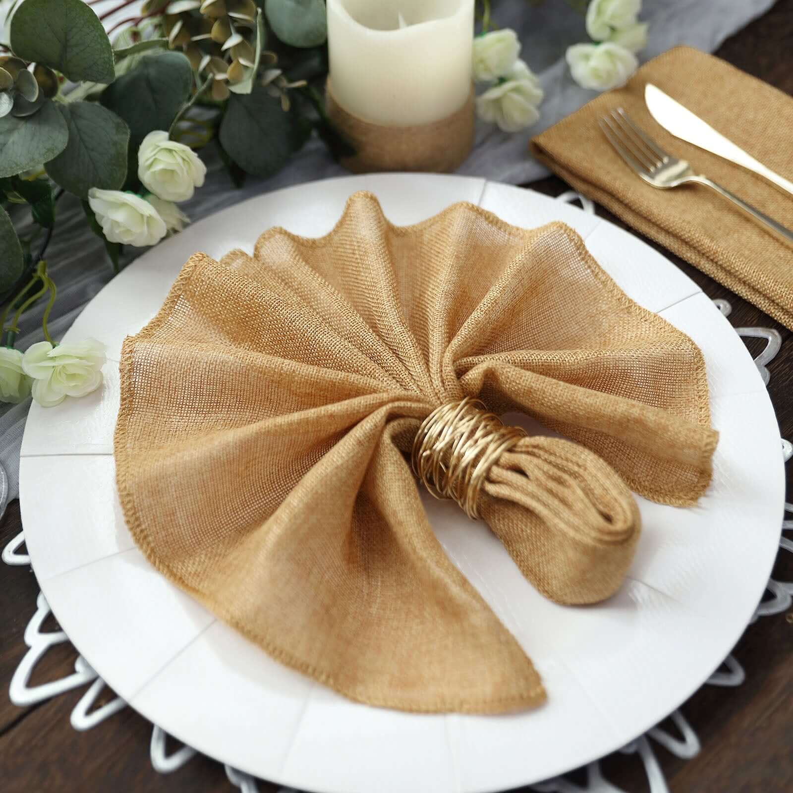5 Pack Faux Jute 19"x19" Napkins Gold - Authentic Burlap Look Cloth Napkins for Rustic Boho Weddings & Parties