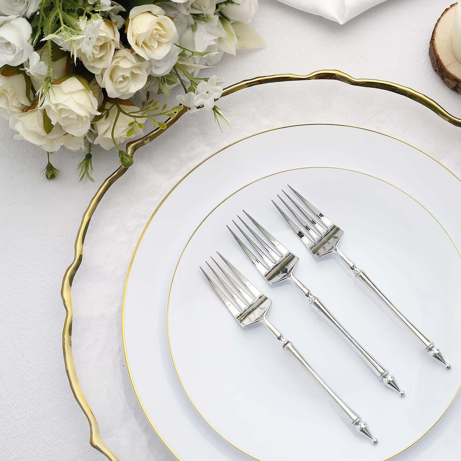 24-Pack Plastic Dessert Forks with Roman Column Handle Silver - European Style Disposable Utensils 6"