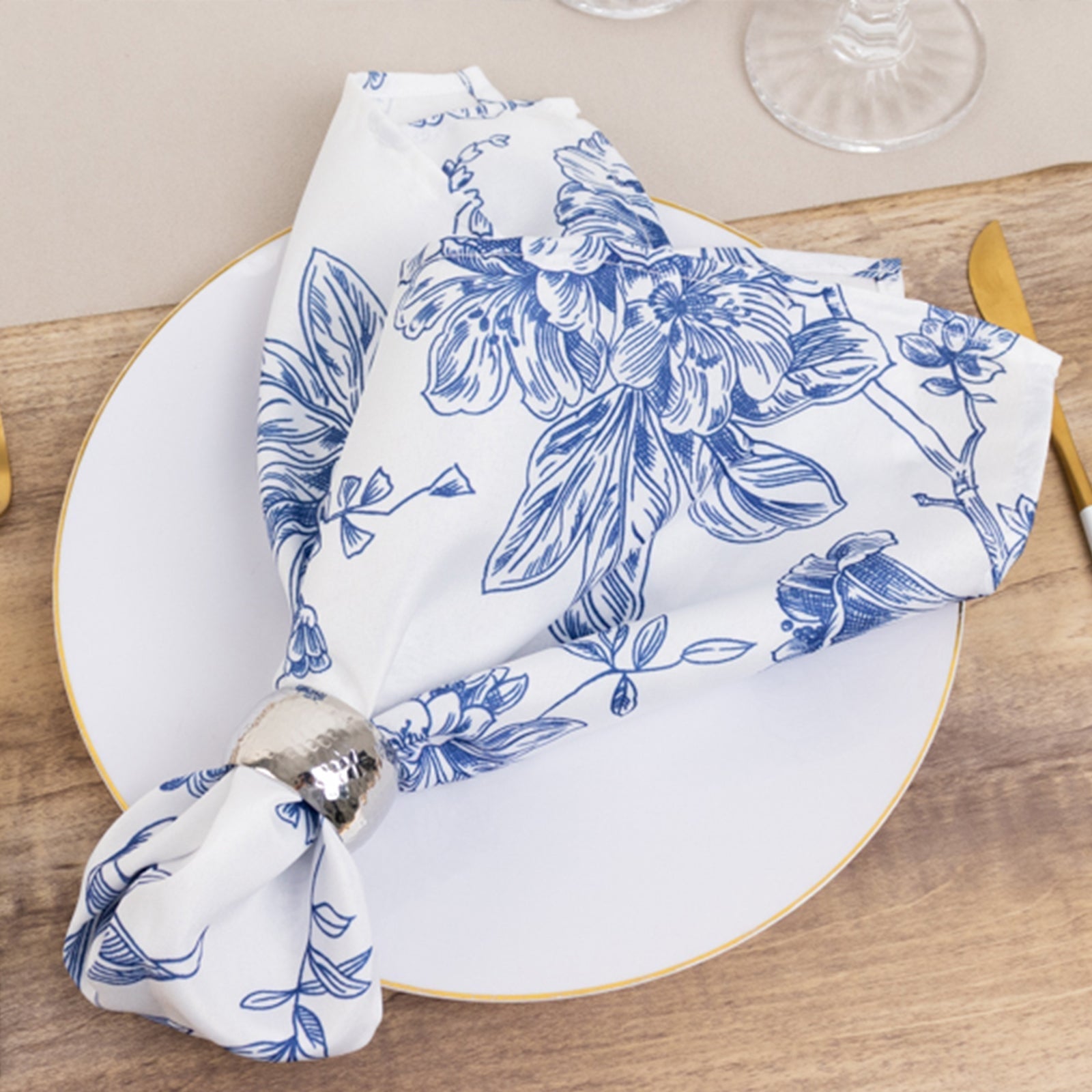 5 Pack Polyester 20"x20" Dinner Napkins White with Blue French Toile Pattern - Reusable Floral Cloth Napkins