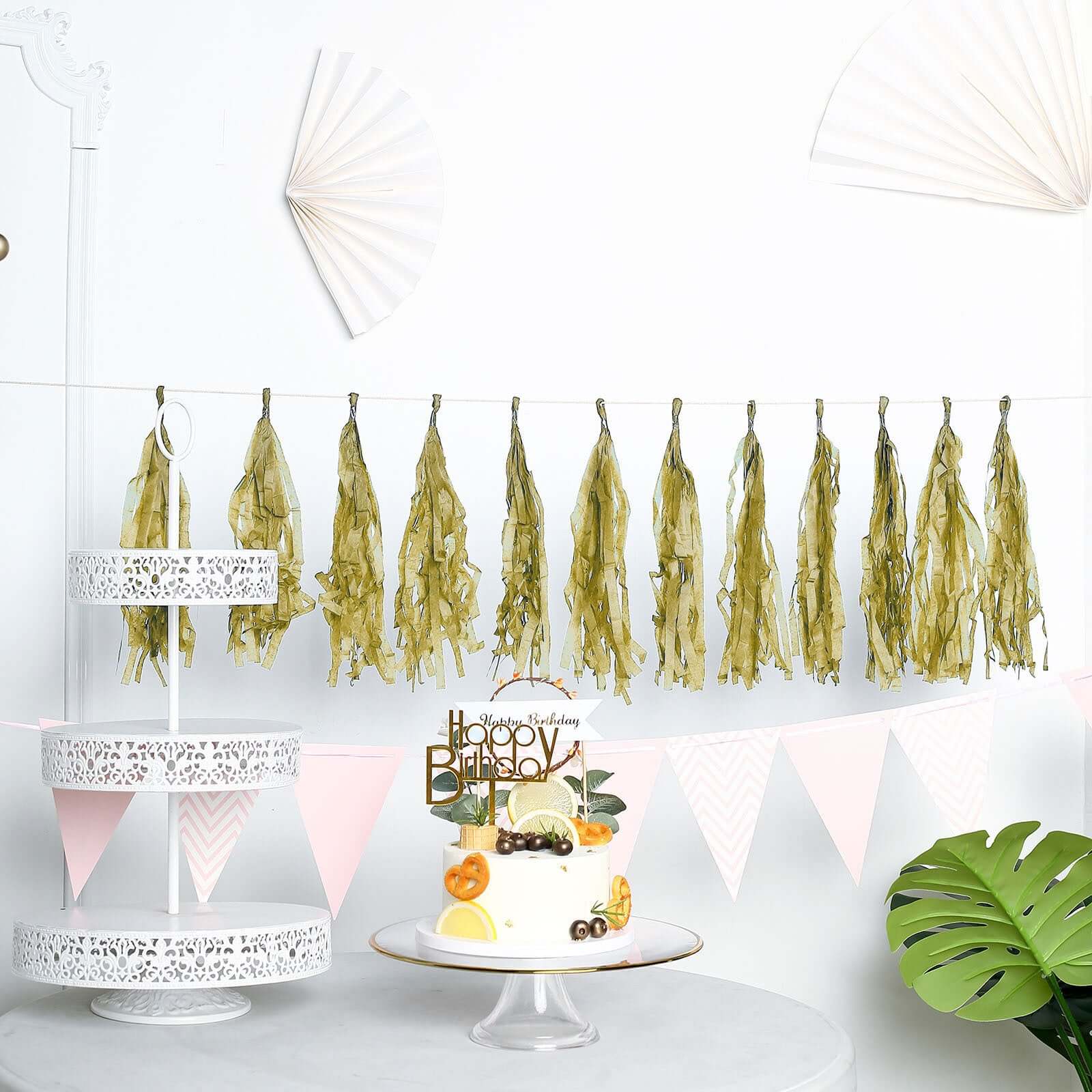 12 Pack Pre-Tied Gold Paper Fringe Tassels With Garland String, Hanging Streamer Banner