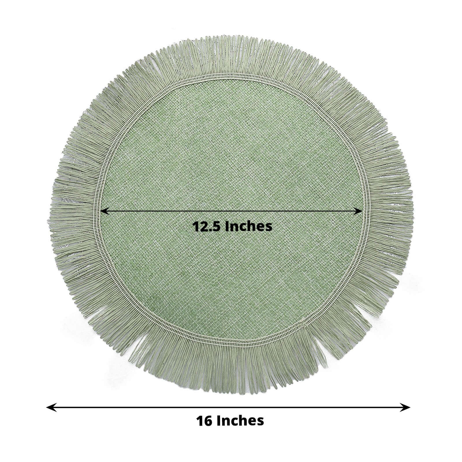 4-Pack Placemats Fringe Edge Design Sage Green Jute Round - Rustic Boho Chic Burlap Table Decor 16"