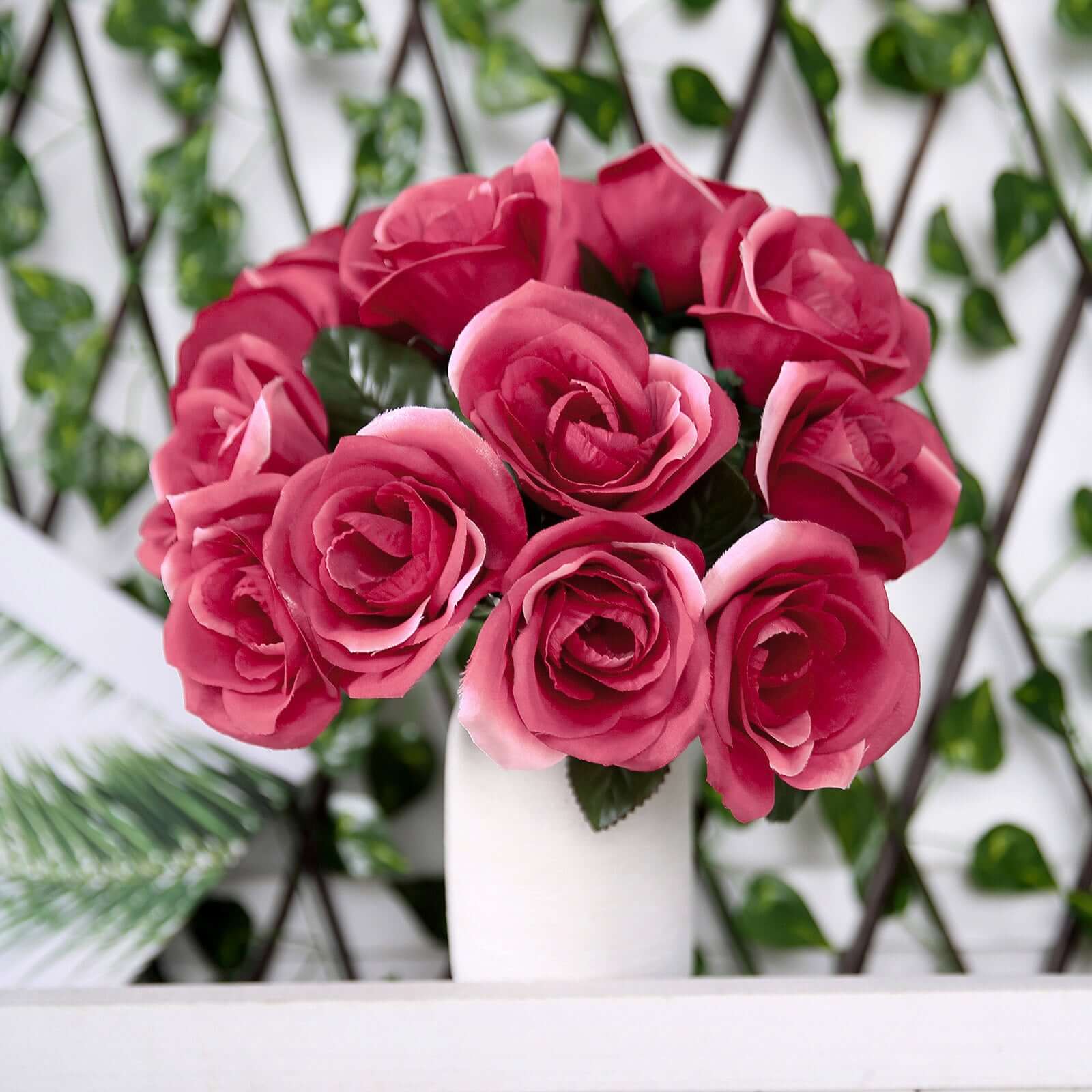 12" Fuchsia Artificial Velvet-Like Fabric Rose Flower Bouquet Bush