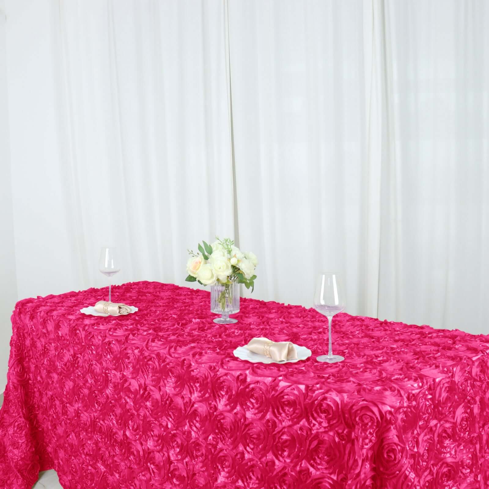 Satin 90"x132" Rectangle Tablecloth Fuchsia - Grandiose 3D Rosette Seamless Table Cover