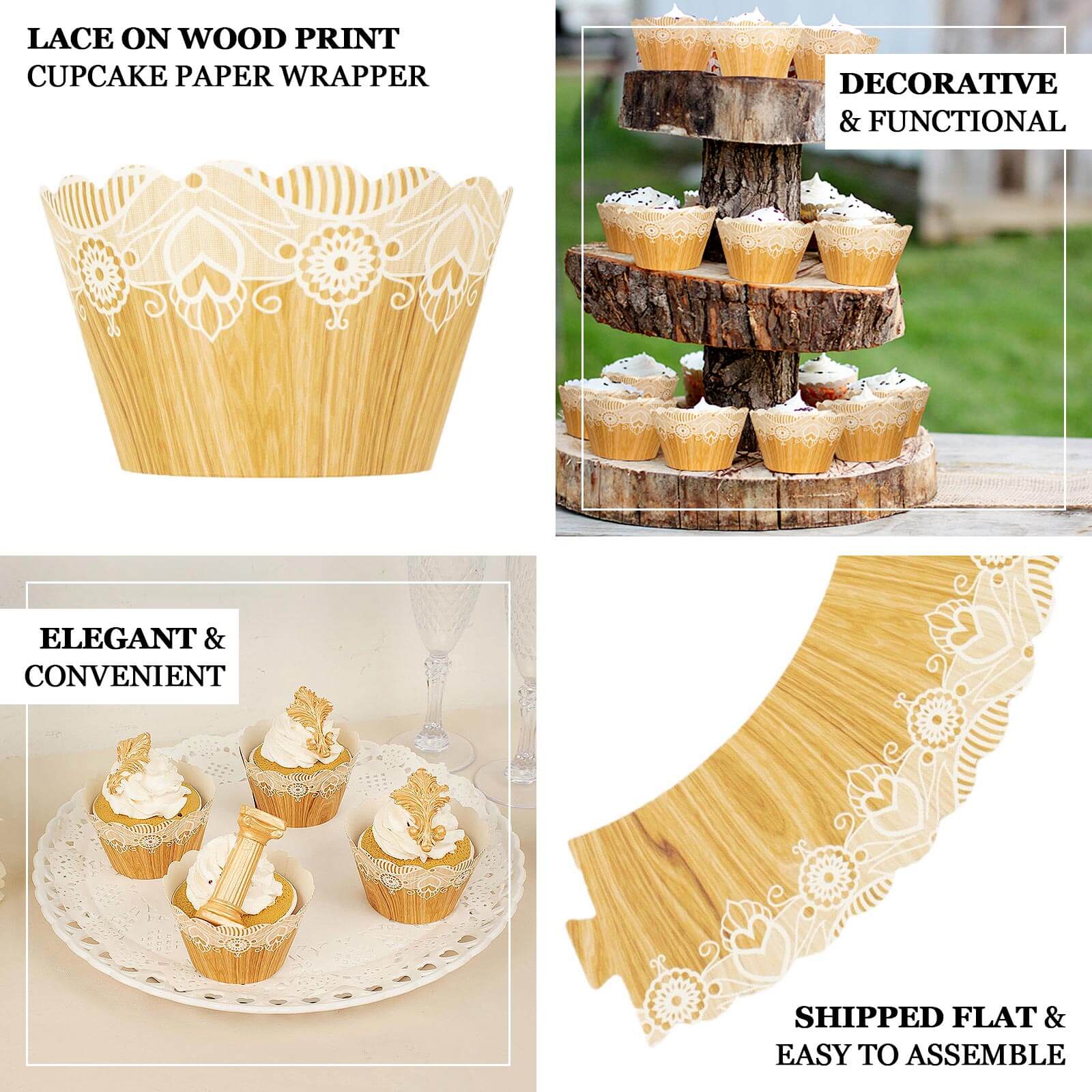 25-Pack Paper Cupcake Wrappers Wood Grain and Lace Print Design Natural - Boho Muffin Baking Cup Wraps