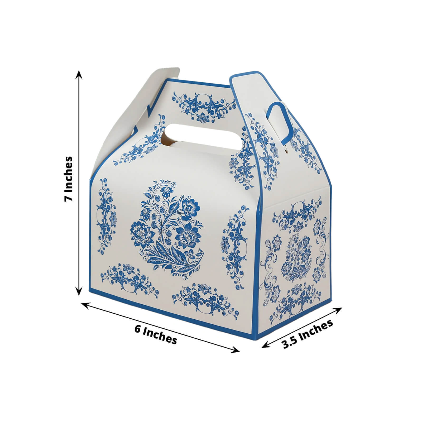 25 Pack Candy Gift Tote Gable Boxes in White Royal Blue Damask Floral Pattern, Party Favor Treat Boxes - 6"x3.5"x7"