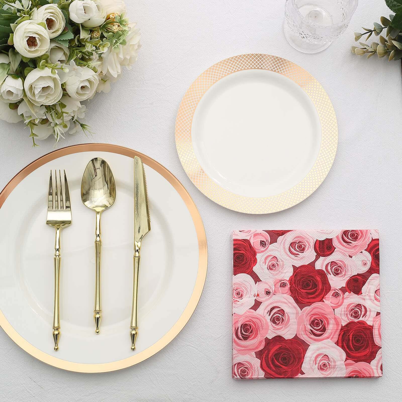 50-Pack Paper Beverage Napkins with Floral Design Red/Pink - 2 Ply Soft 18GSM Rose Garden Wedding Napkins 6.5"x6.5"