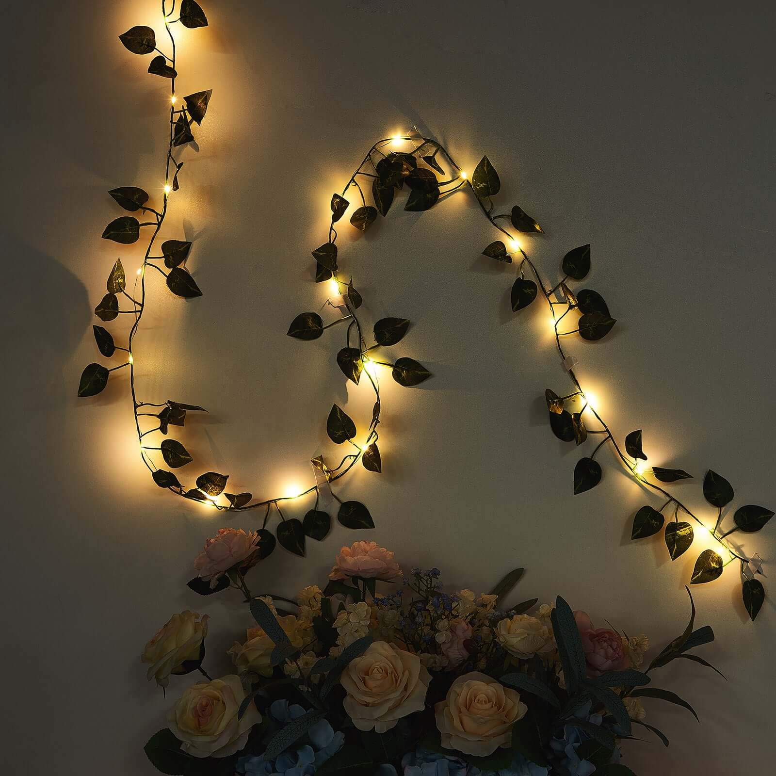 7ft Warm White 20 LED Green Leaf Garland Vine Lights, Battery Operated Artificial Arrowroot String Lights