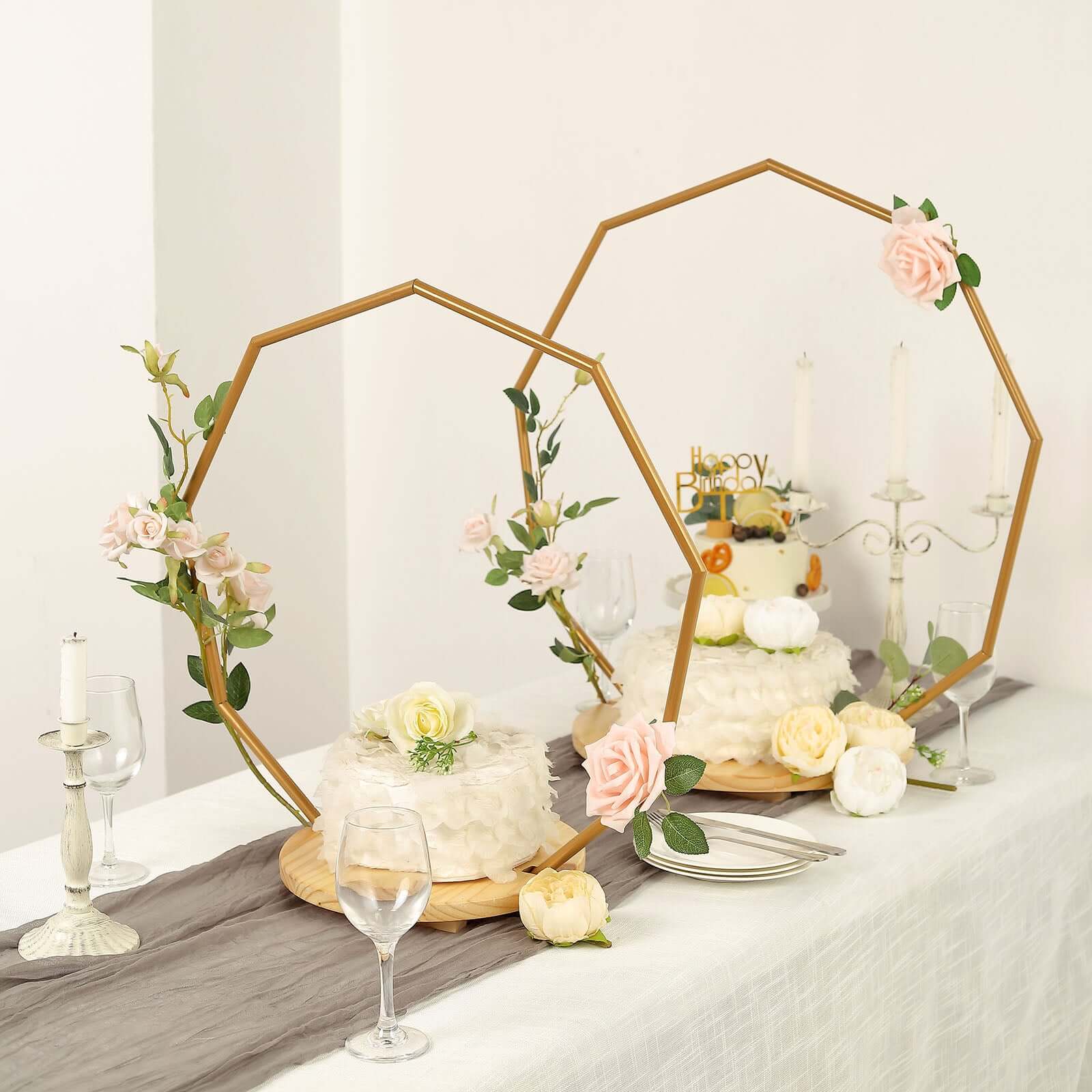 Metal Nonagon Floral Hoop Cake Stand Gold - Chic Geometric Dessert Display DIY Centerpiece Table Decoration With Wooden Base 27"
