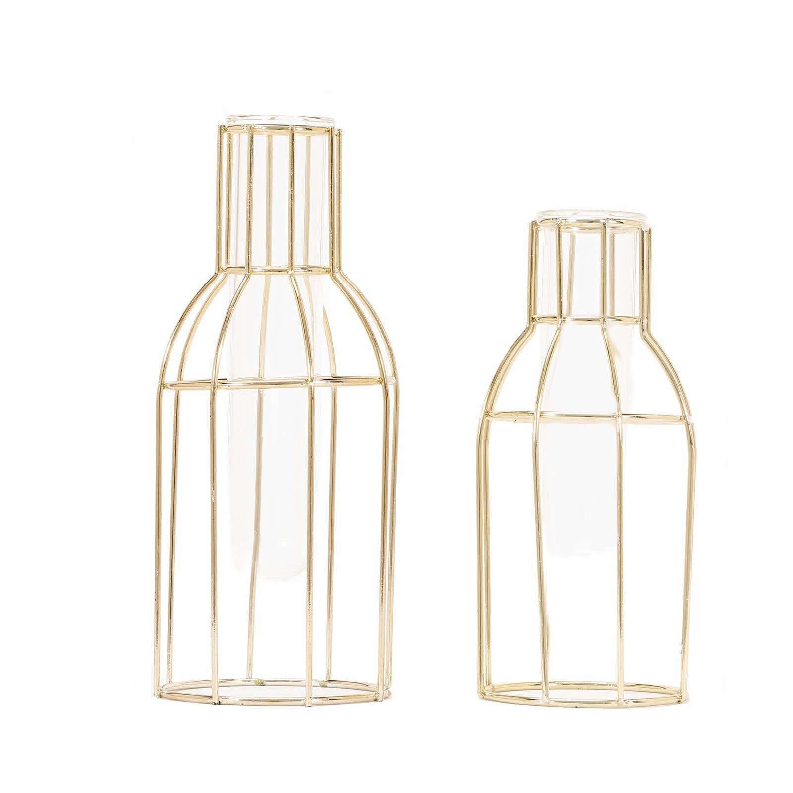 Set of 2 Wedding Centerpieces Gold Metal Frame Bottle Shaped Design - Geometric Glass Bud Vases 8",10"