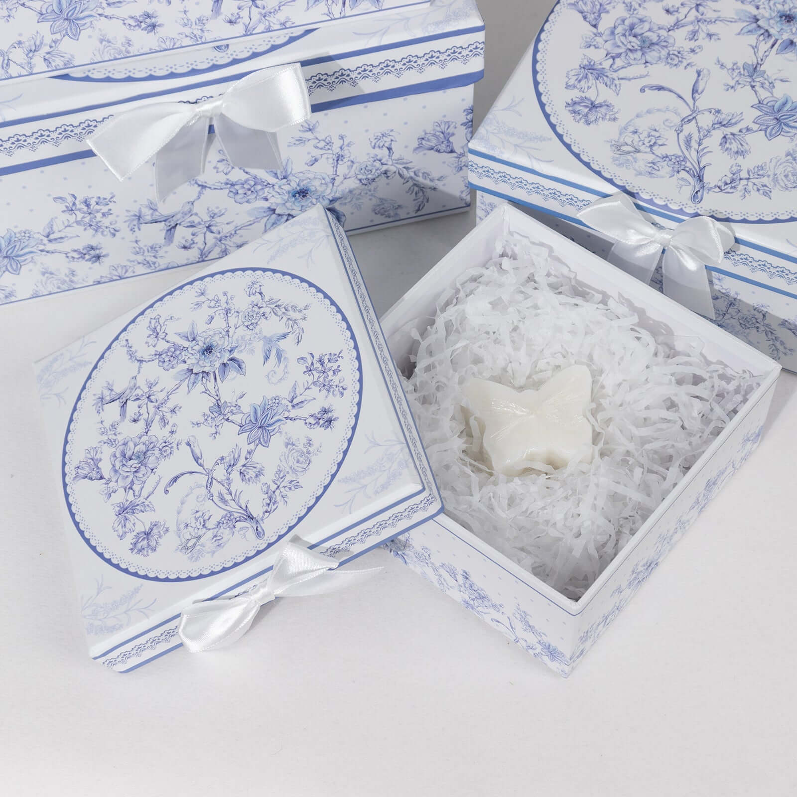 Set of 4 Cardstock Round Nesting Gift Boxes White Blue French Toile Design - Decorative Heavy Duty Stackable Keepsake Boxes With Lids for Presents Storage & Pedestal Stand 5",7",8",9"
