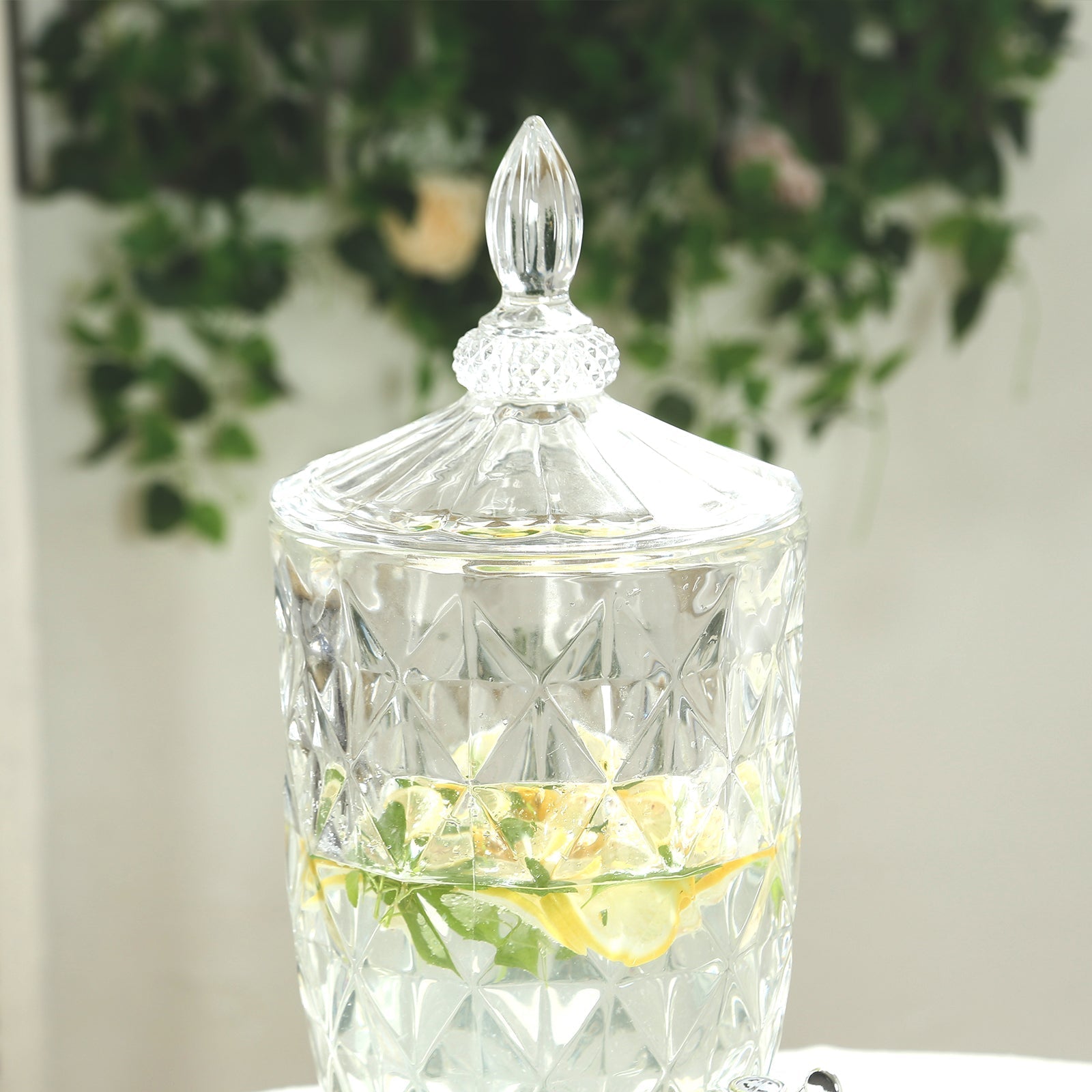 1.3 Gallon Glass Beverage Dispenser, Apothecary Jar Style Party Drink Dispenser with Diamond Texture and Lid - Versatile Serving Feature 21"