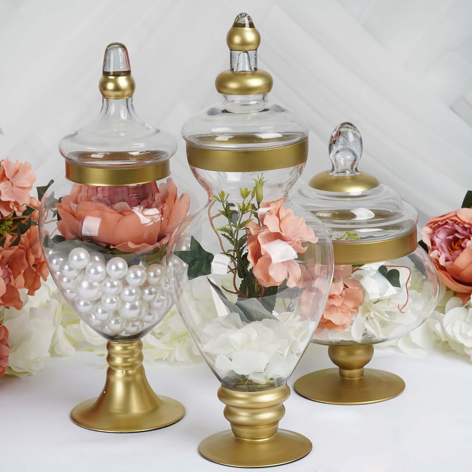 Set of 3 Glass Candy Jars Apothecary Design Gold Trim with Snap-On Lids - Large Stylish Containers for Parties 10"/14"/16"