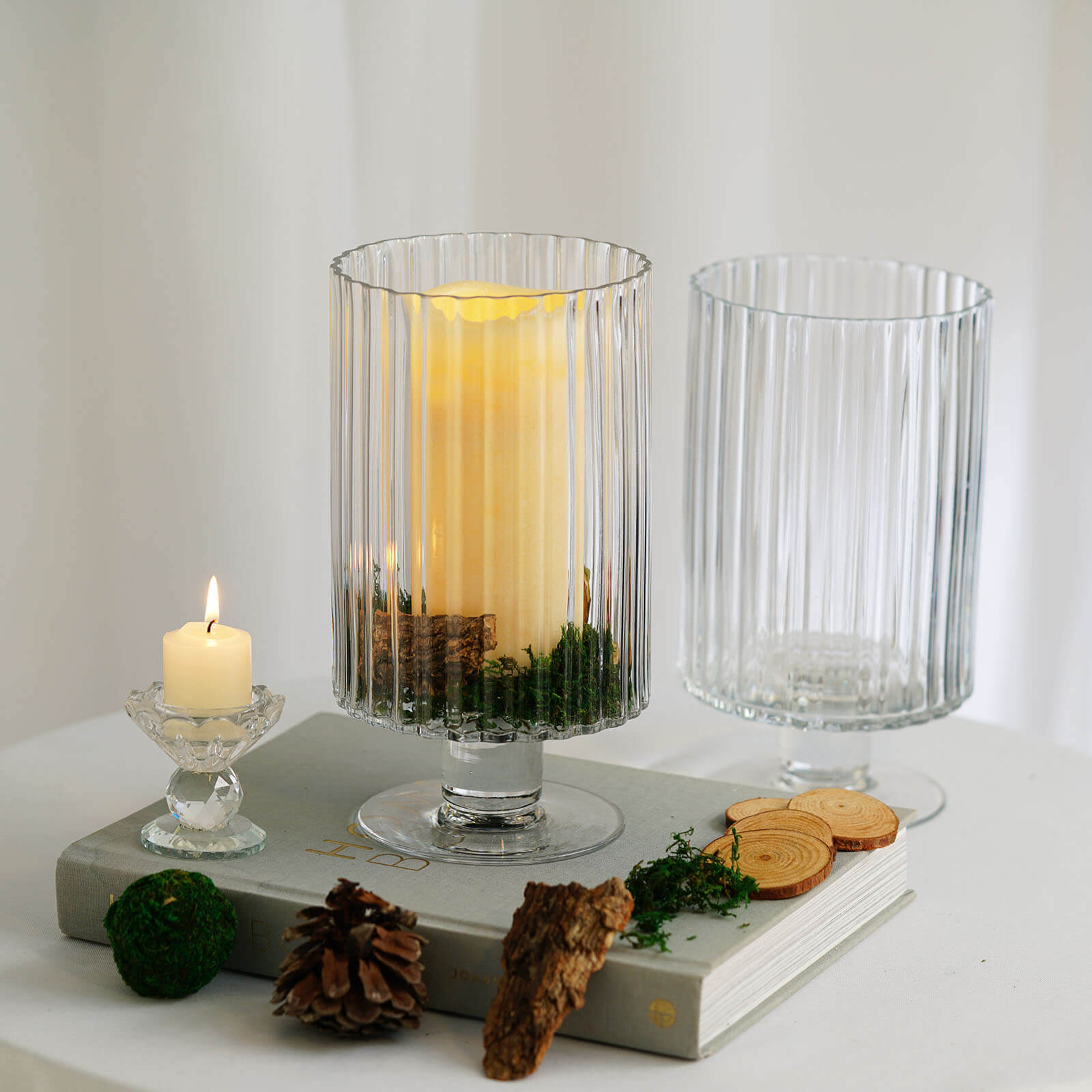 2-Pack Glass Pedestal Vases Ribbed Design Clear - Durable Votive Candle Holders for Events 9"