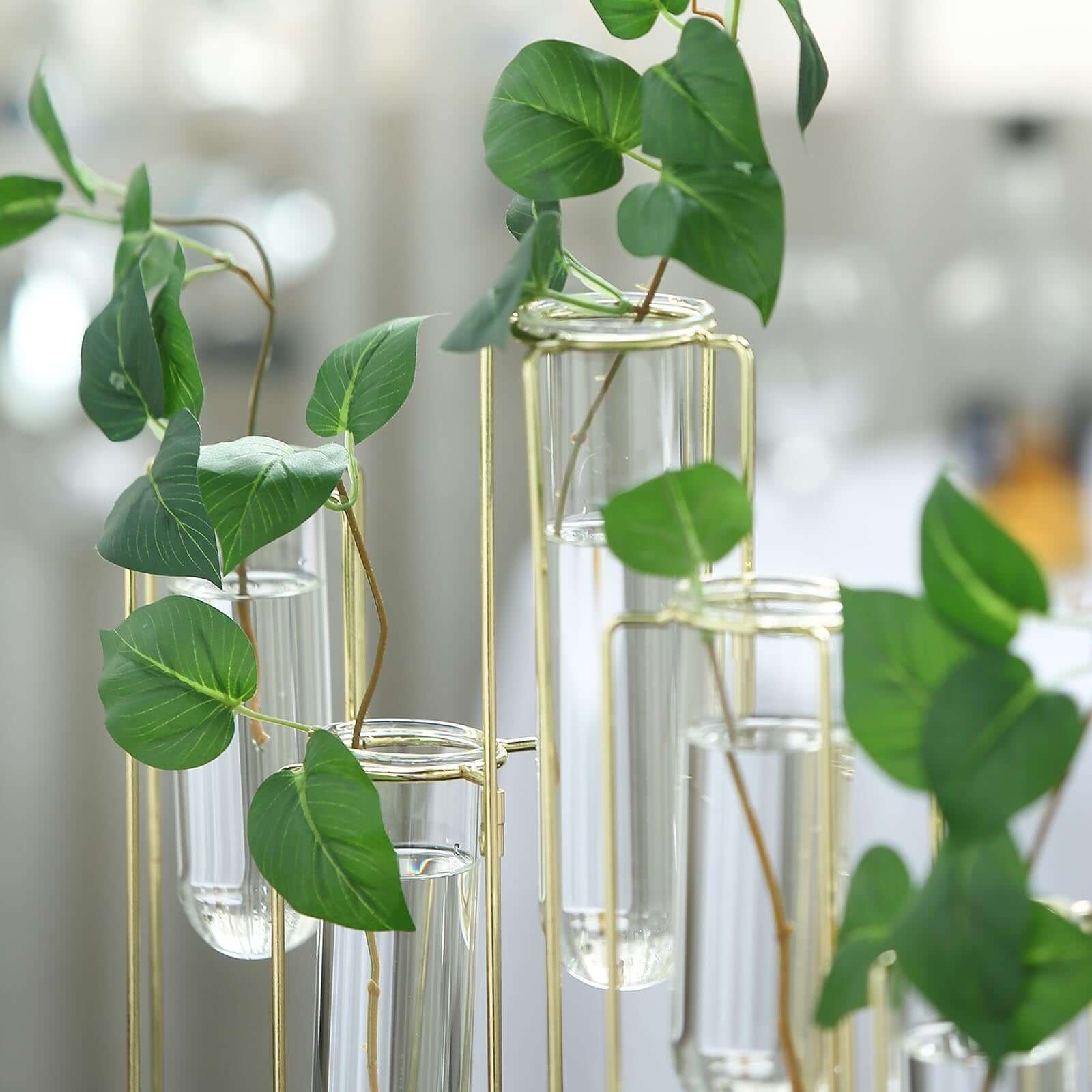 Set of 5 Wedding Centerpieces Gold Frame Conjoined Geometric Design - Test Tube Hydroponic Vases 12"