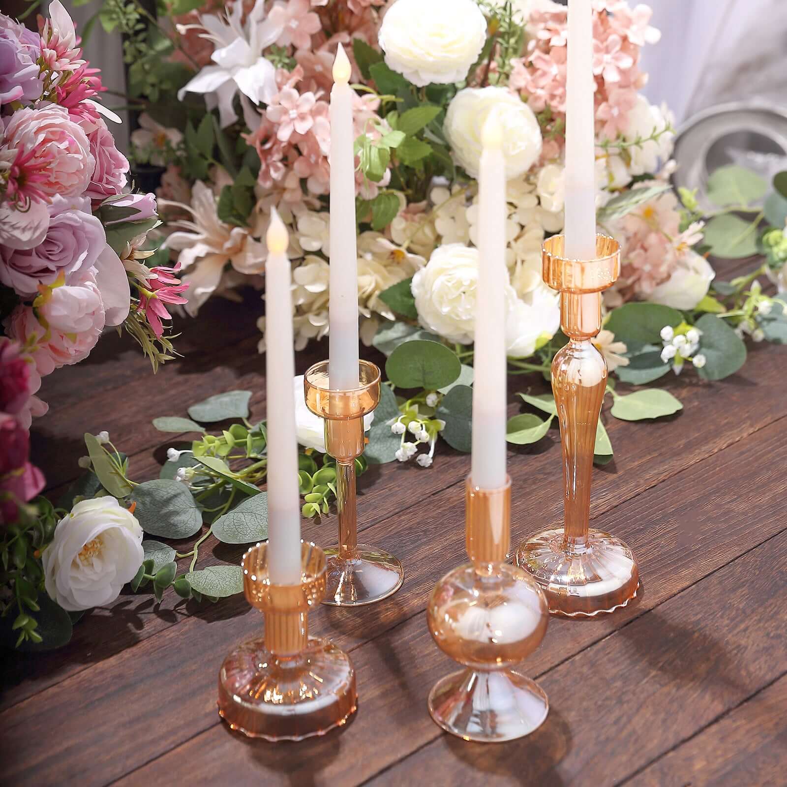 Set of 4 Glass Taper Votive Candle Holders Lined Crystal Design Assorted Amber Gold - Tea Light Stand Set 4", 5.5", 6", 9"