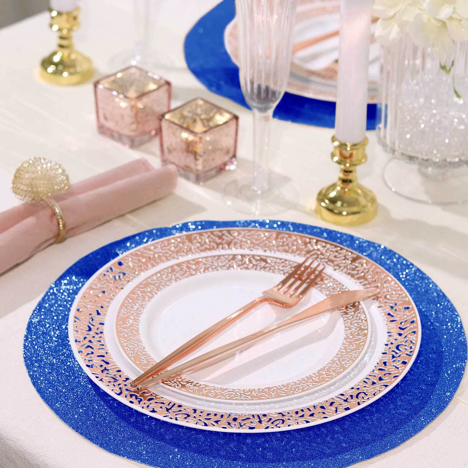 6-Pack Placemats Glitter Design Royal Blue Sparkle Round - Non-Slip Decorative Dining Table Mats 13"
