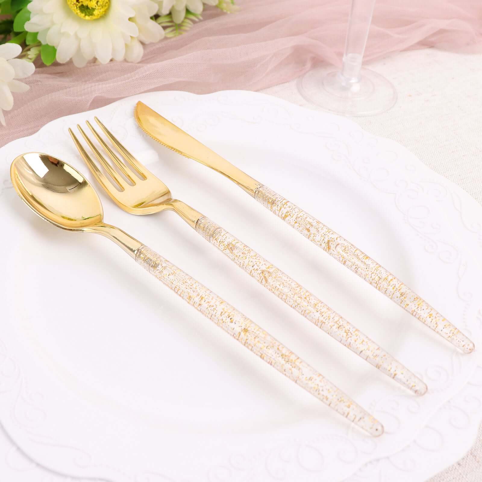 24-Pack Plastic Cutlery Set Metallic Gold with Gold Glitter - Stylish Disposable Silverware-Pack 8"