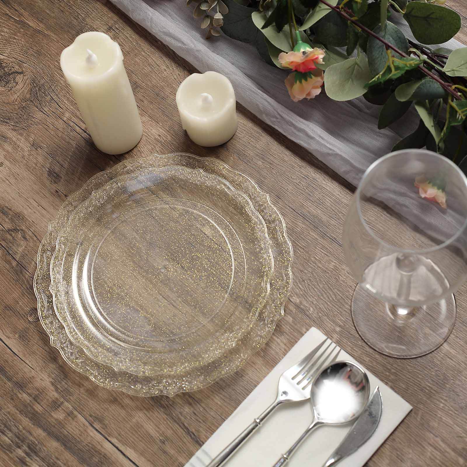 12-Pack Plastic 7" Round Salad Plates Clear with Gold Glitters & Floral Edge