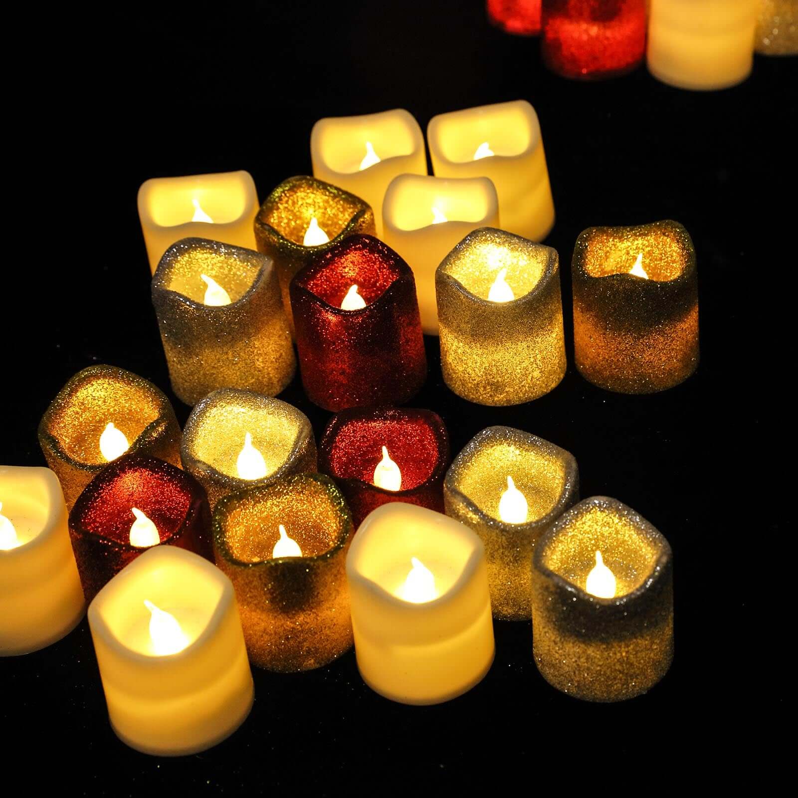 12-Pack LED Votive Candles Glittered Red Design - Reusable Flameless Battery Operated Lights