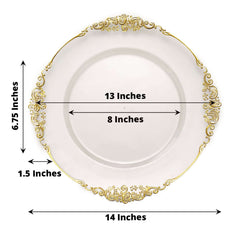 6-Pack Acrylic Round Charger Plates 13" in Clear with Gold Embossed Baroque Rim, Antique Decorative Dinner Party Charger Tableware