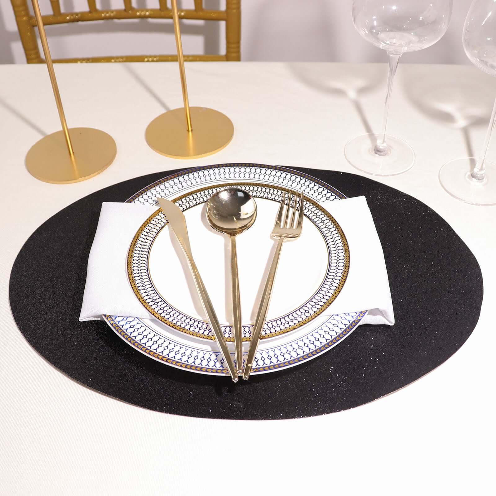 6-Pack Placemats Glitter Design Black Sparkle Oval - Non-Slip Decorative Table Mats for Dining 12"x18"