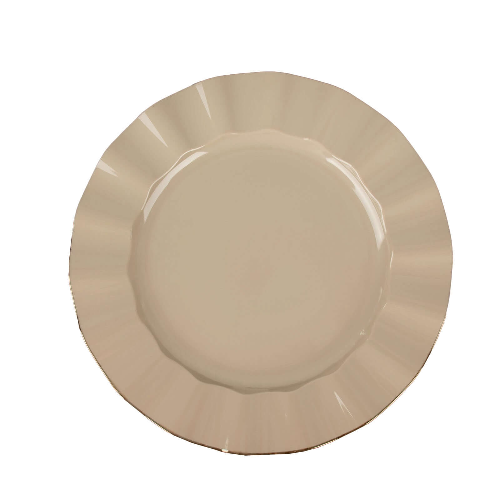 10-Pack Plastic 9" Round Dinner Plates in Taupe Ruffled Rim with Gold Edging - Sturdy Disposable Dinnerware