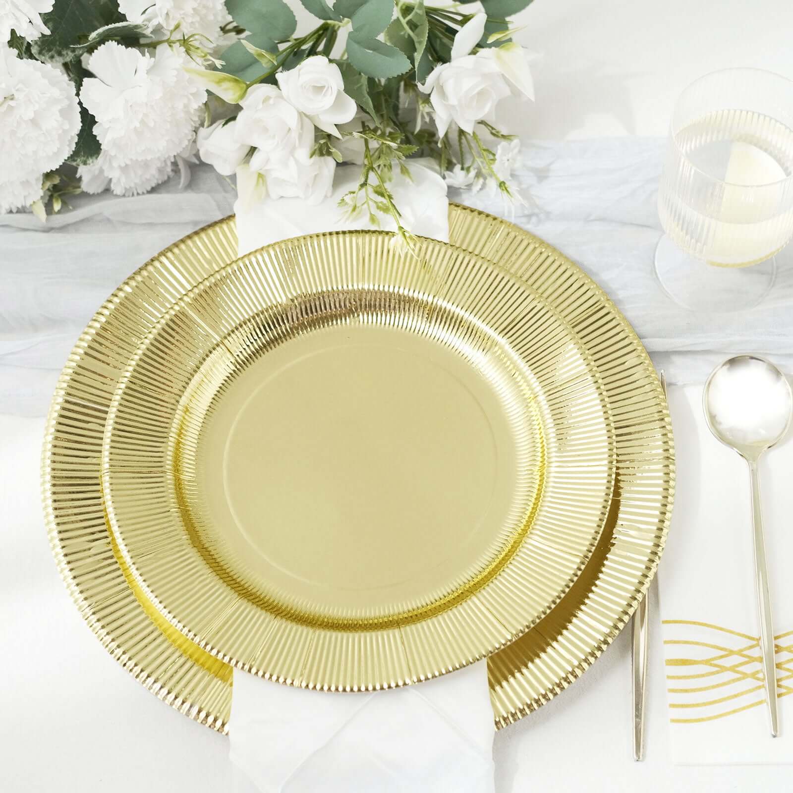 25-Pack Paper 8" Round Dessert Plates in Metallic Gold Sunray Design - Disposable Heavy Duty 350GSM Appetizer Salad Plates