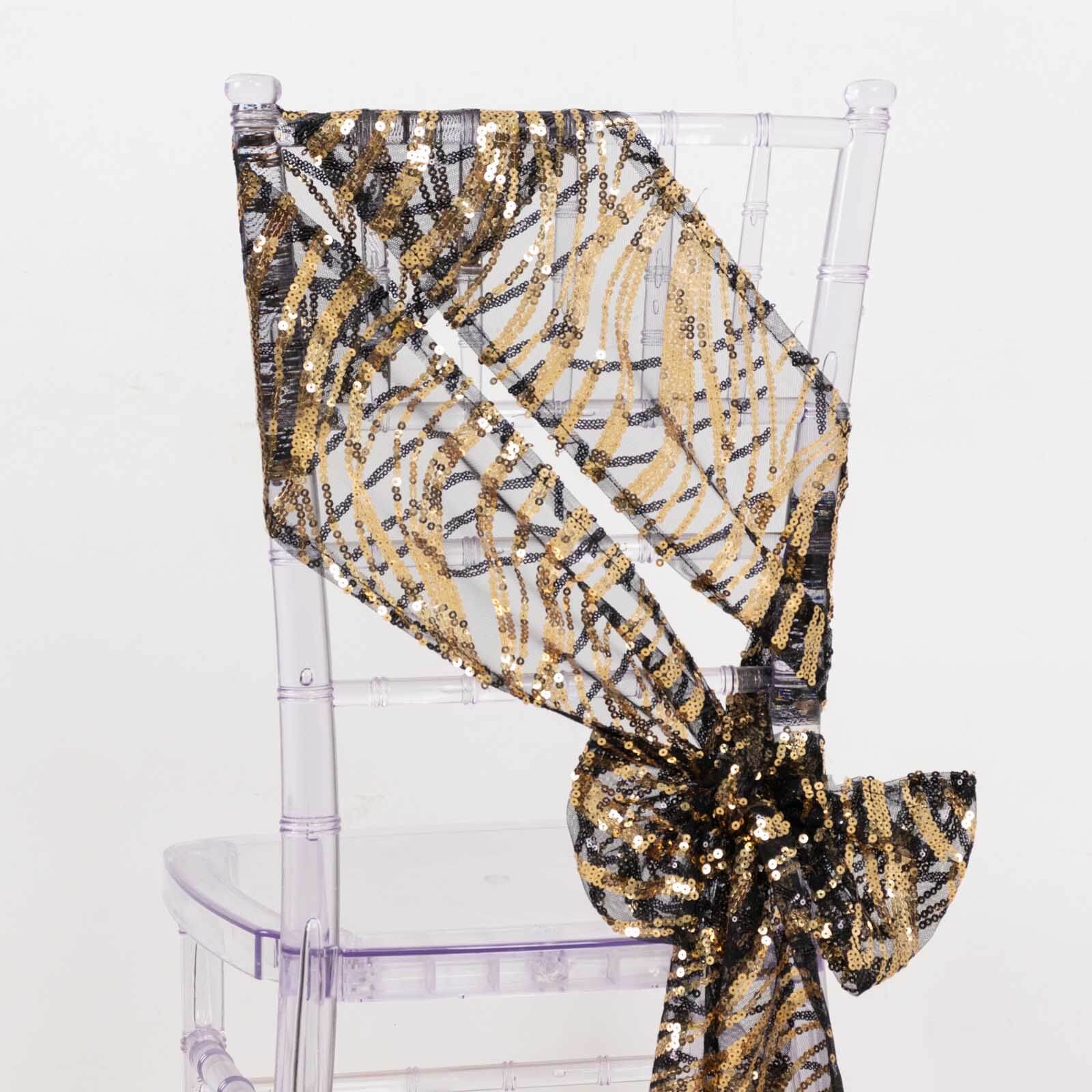 5 Pack Chair Sashes with Wave Embroidered Sequins Black/Gold 6"x88" - Stylish Glittering Decor for Weddings