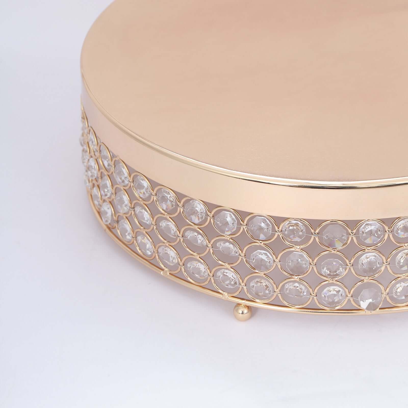 Metal Cake Stand Pedestal Crystal Beaded Design Gold - Cupcake Display and Dessert Riser 13"